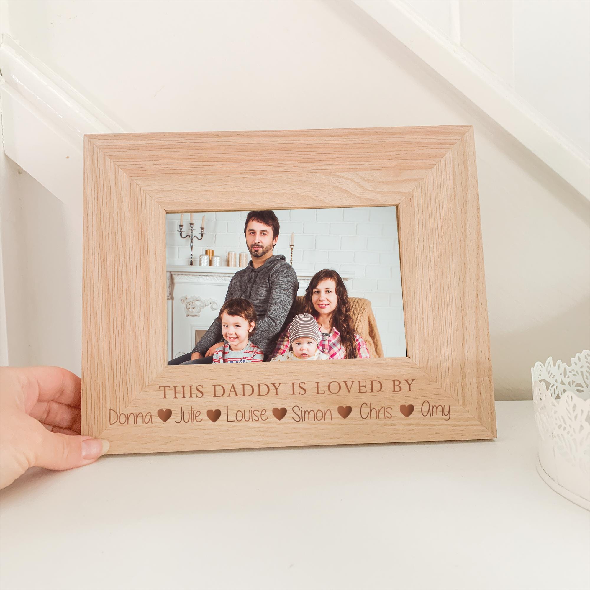 Personalised Father's Day Photo Frame, Engraved Dads Children Family Picture Frame, Oak Photo Engraved Frame, Solid Oak Family Names Frame