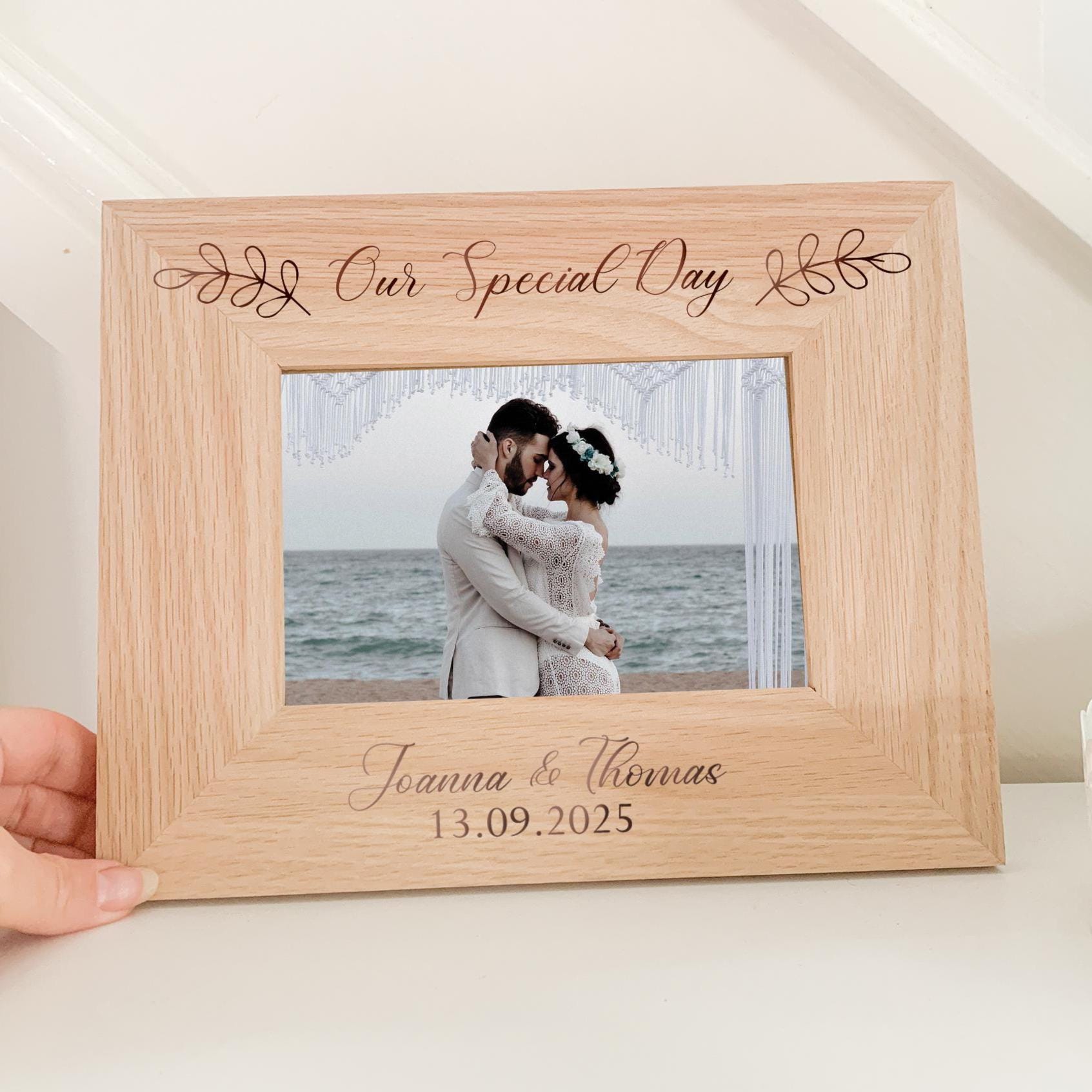 Personalised Wedding Photo Frame, Engraved Wedding Day Picture Frame, Oak Photo Engraved Frame, Solid Oak Couple Gift Frame, Oak Frame