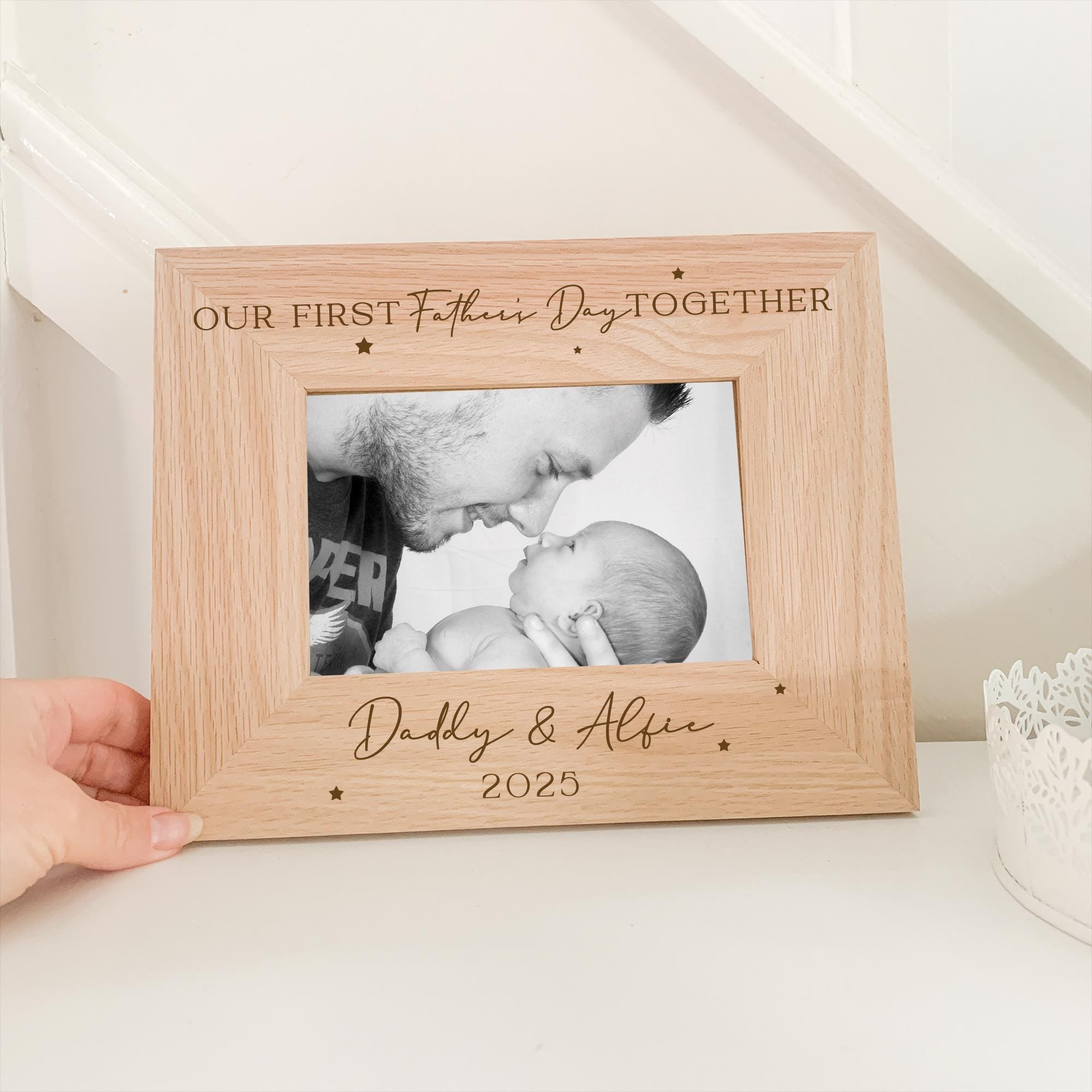 Personalised Father's Day Photo Frame, Engraved Dads Children Family Picture Frame, Oak Photo Engraved Frame, Solid Oak Family Names Frame