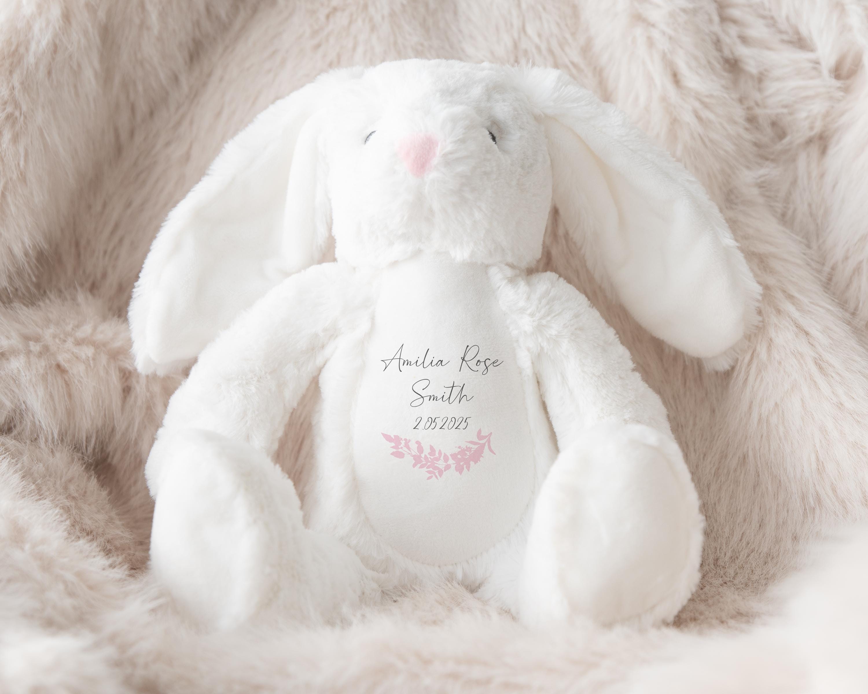 Personalised Bunny Rabbit, New Baby Gift, Customised Plush Soft Toy, Your Name Teddy, Cuddly Toy, Girls and Boys Teddy Baby Shower Gift
