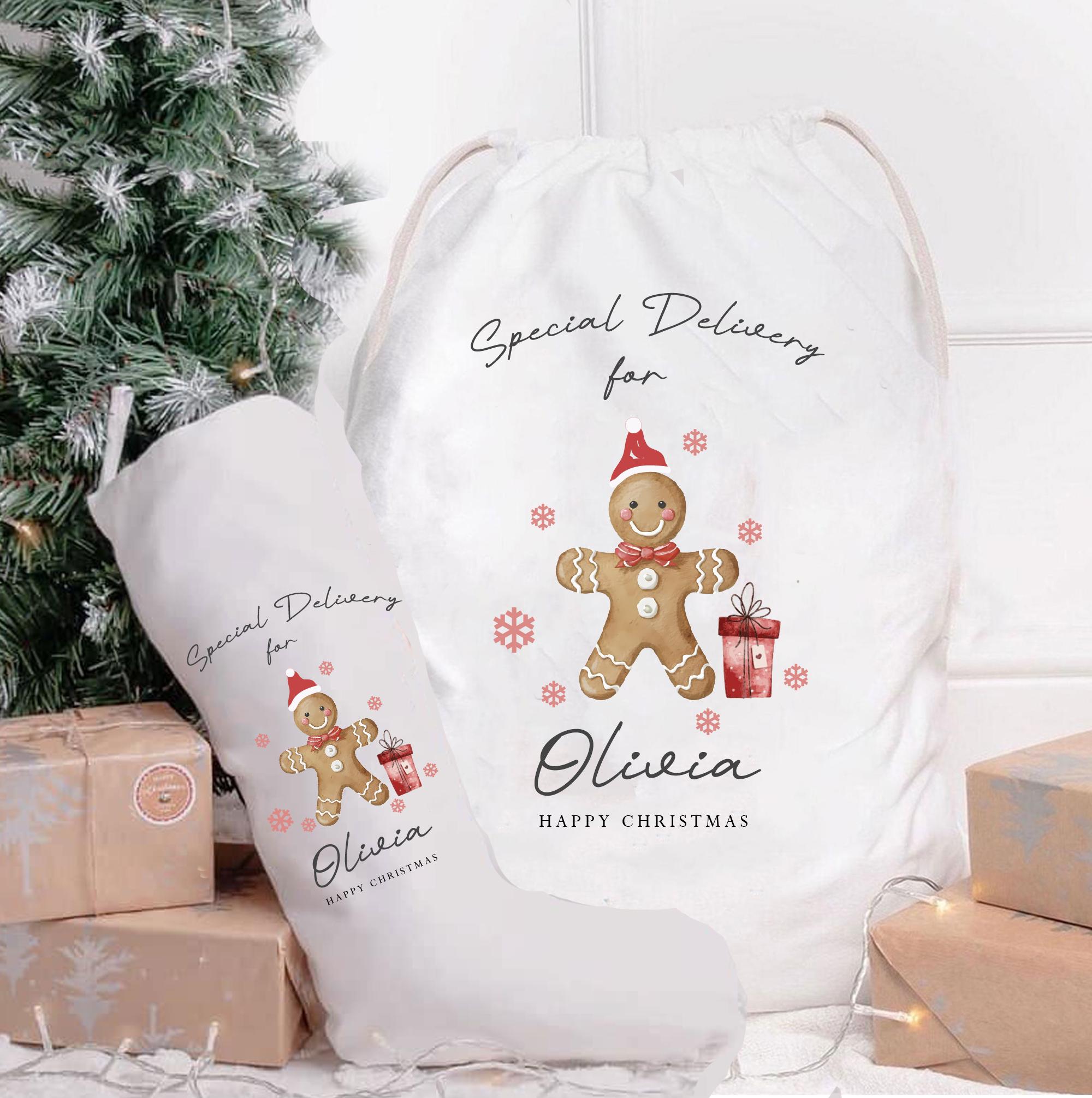 Personalised Gingerbread Man Christmas Sack, Gingerbread Christmas Gift Sack, Xmas Gift Bag, Custom Christmas Eve Sack, Xmas Gift Sack