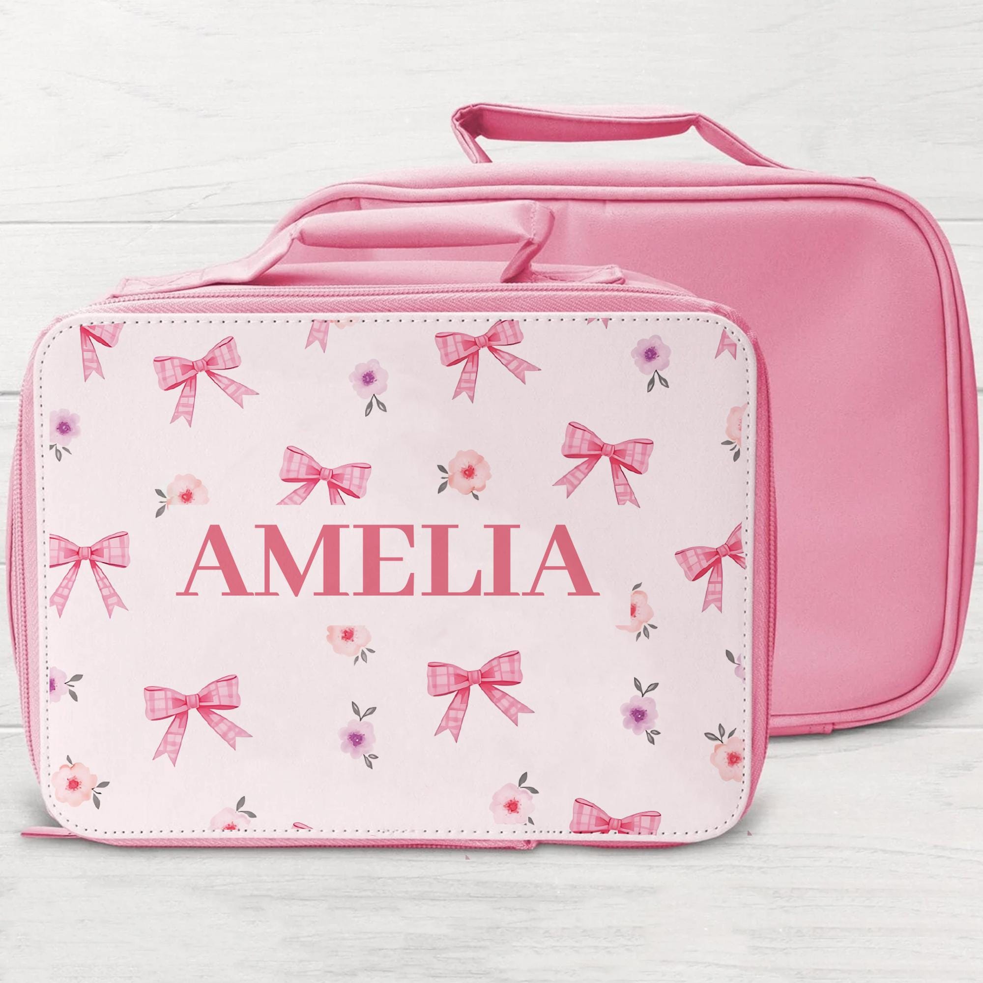 Personalised Girls Bows Lunch Bag, Personalised Insulated Cooler Bag for Kids, Pink Cute Bows School Lunch Tote, Waterproof Lunch Box