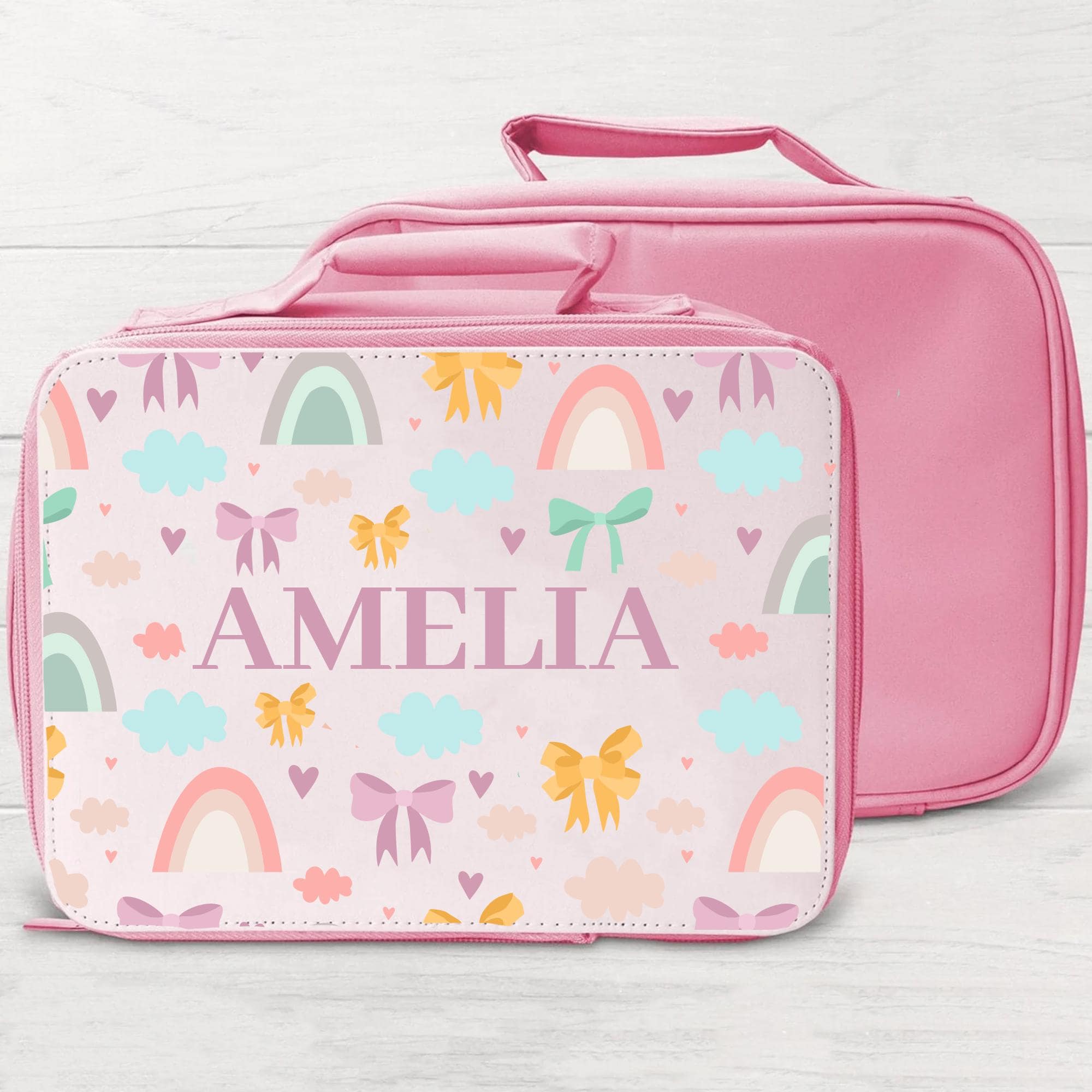 Personalised Girls Bows Rainbows Lunch Bag, Personalised Insulated Cooler Bag for Kids, Pink Cute Bows and Rainbows School Lunch Bag
