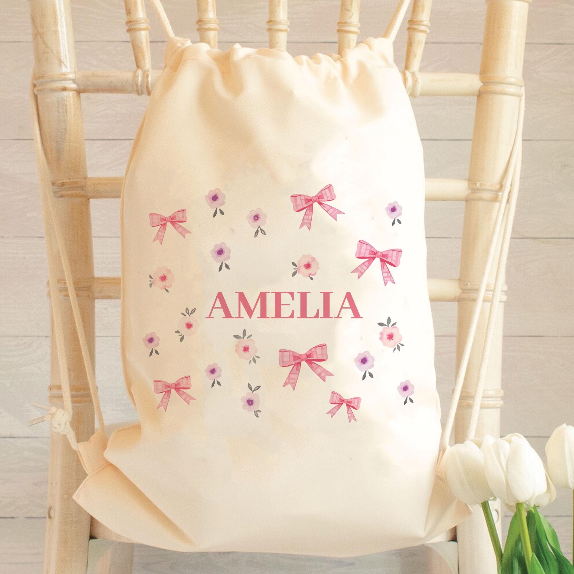 Personalised Bows Bag Kids, Girls Pretty Bows Gym Bag, Girls Drawstring Bag, School Bag, Bows Ribbon School PE Bag, Bow Pump Bag, Nursery
