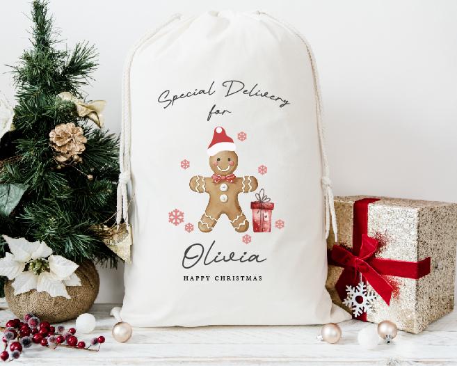 Personalised Gingerbread Man Christmas Sack, Gingerbread Christmas Gift Sack, Xmas Gift Bag, Custom Christmas Eve Sack, Xmas Gift Sack