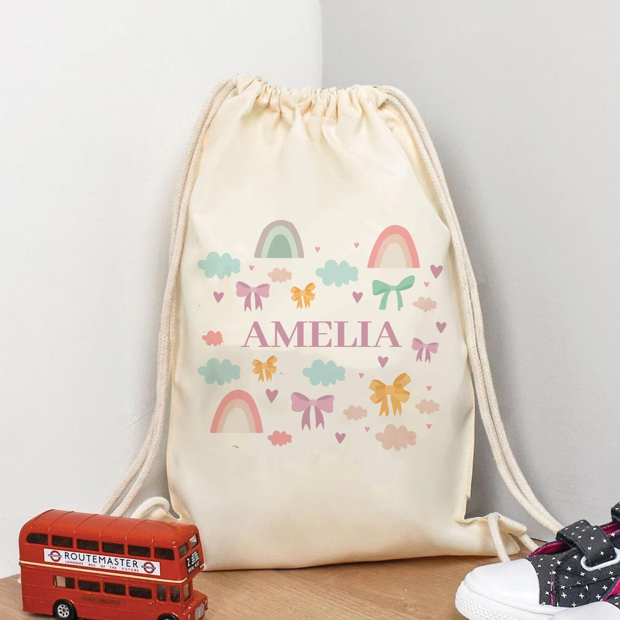 Personalised Bows Bag Kids, Rainbows Girls Pretty Bows Gym Bag, Girls Drawstring Bag, School Bag, Bows Ribbon School PE Bag, Bow Pump Bag,