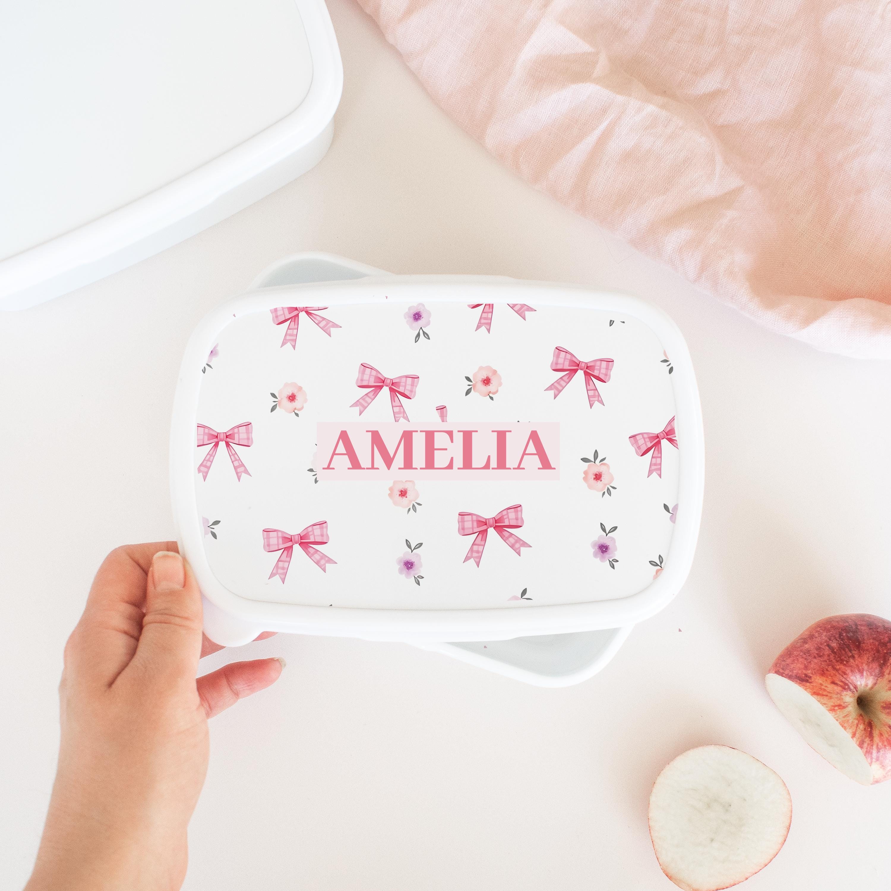Personalised Girls Bows Lunch Box, Personalised Lunch Box for Kids, Pink Cute Bows School Lunch Tub, Waterproof Lunch Box