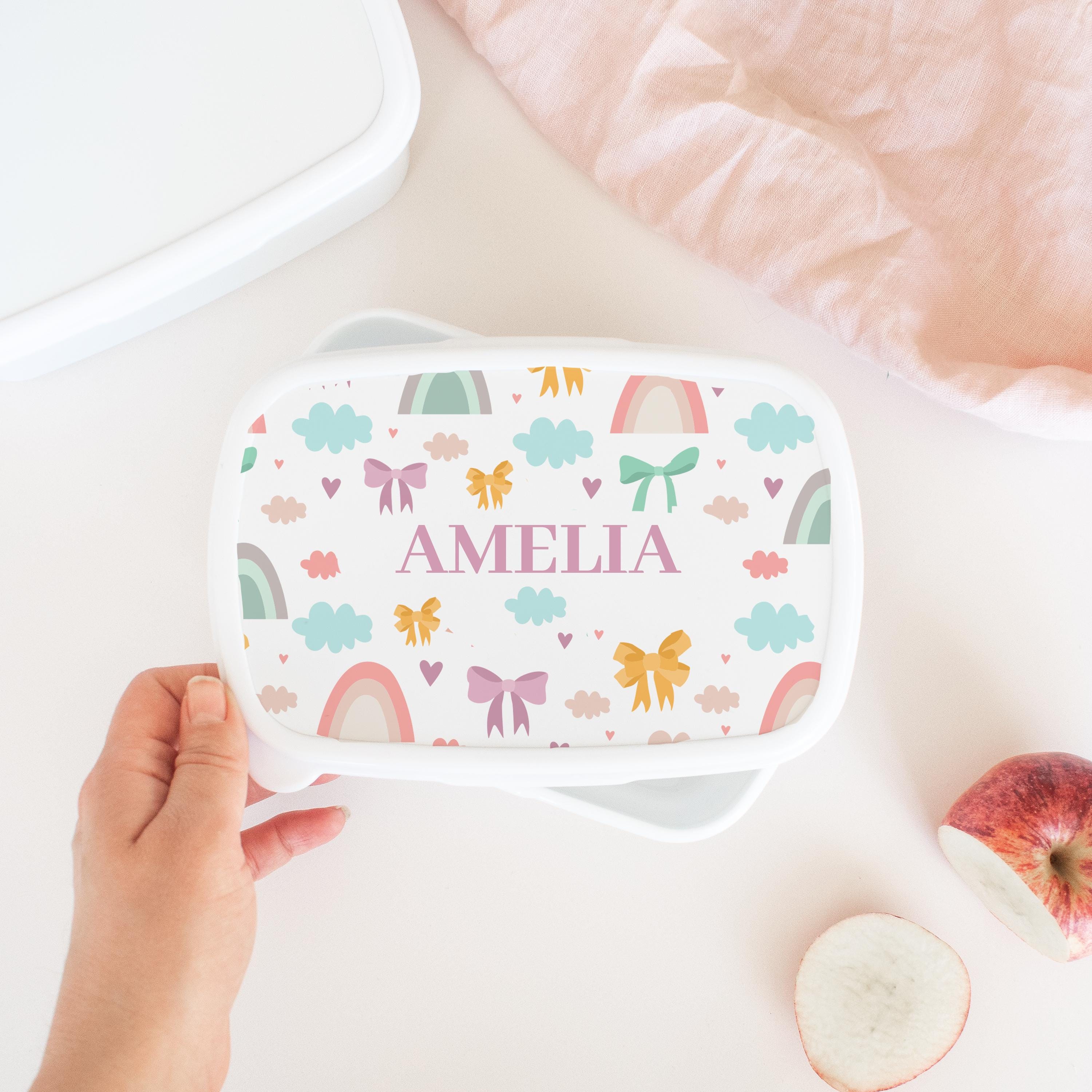 Personalised Girls Bows Lunch Box, Personalised Rainbow Lunch Box for Kids, Pink Cute Bows School Lunch Tub, Waterproof Lunch Box, Rainbows