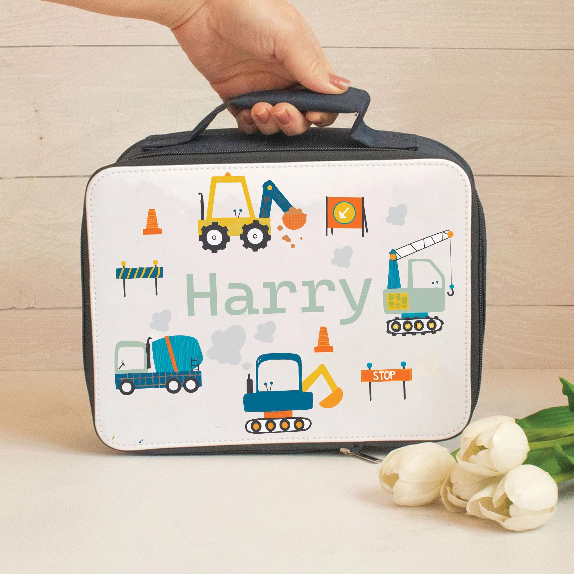 Personalised Digger Trucks Lunch Box, Childs Vehicle  Lunch Bag, Diggers Boys Lunch Bag, Kids Trucks Lunch Bag, Nursery Lunch Bag, School