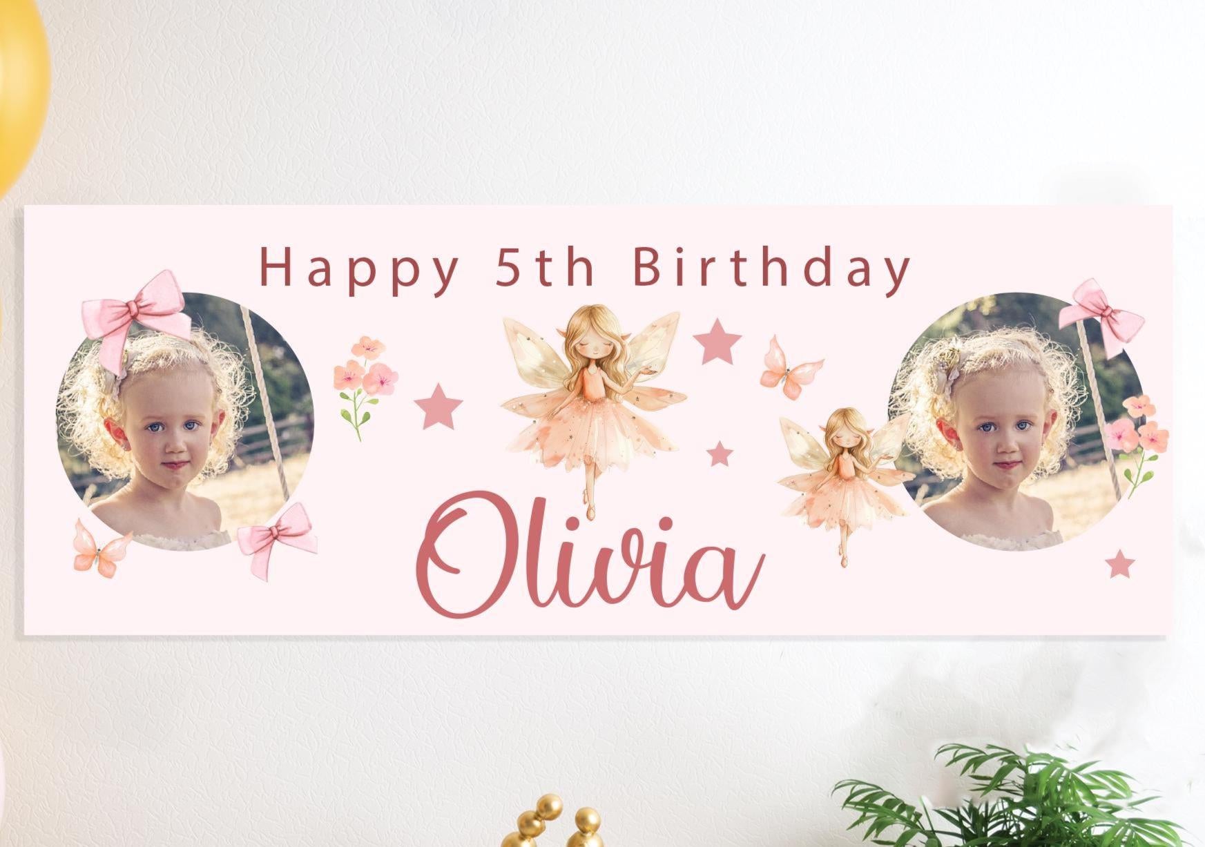Personalised Birthday Banner, Fairy Girl Pink Birthday Banner, Age Photo Birthday Banner, Birthday Banners, Custom Birthday Banner, Birthday