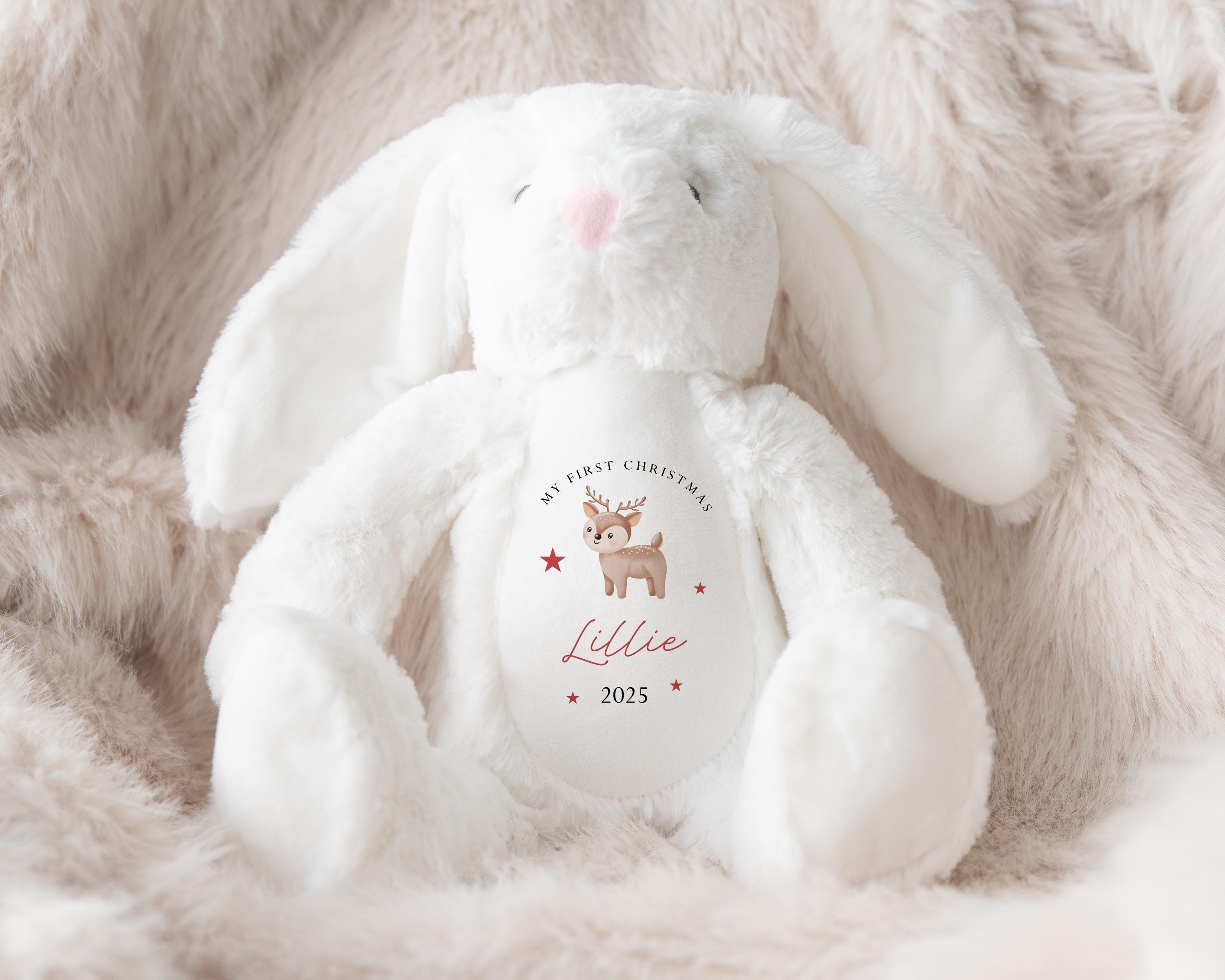 Personalised First Christmas Bunny, Baby 1st Christmas Gift, Rabbit Soft Toy, Christmas Soft Toy, Custom Cuddly Toy, Baby Stocking Fillers