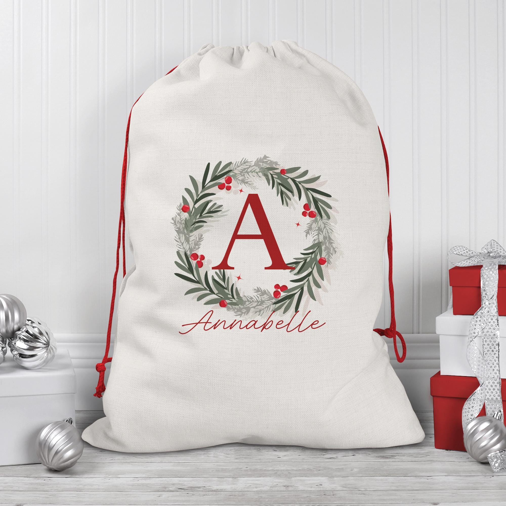 Personalised Wreath Santa Sack, Name Christmas Sack, Child's Kids Christmas Gift Sack, Holiday Sack, Santa Toy Bag, Country Style