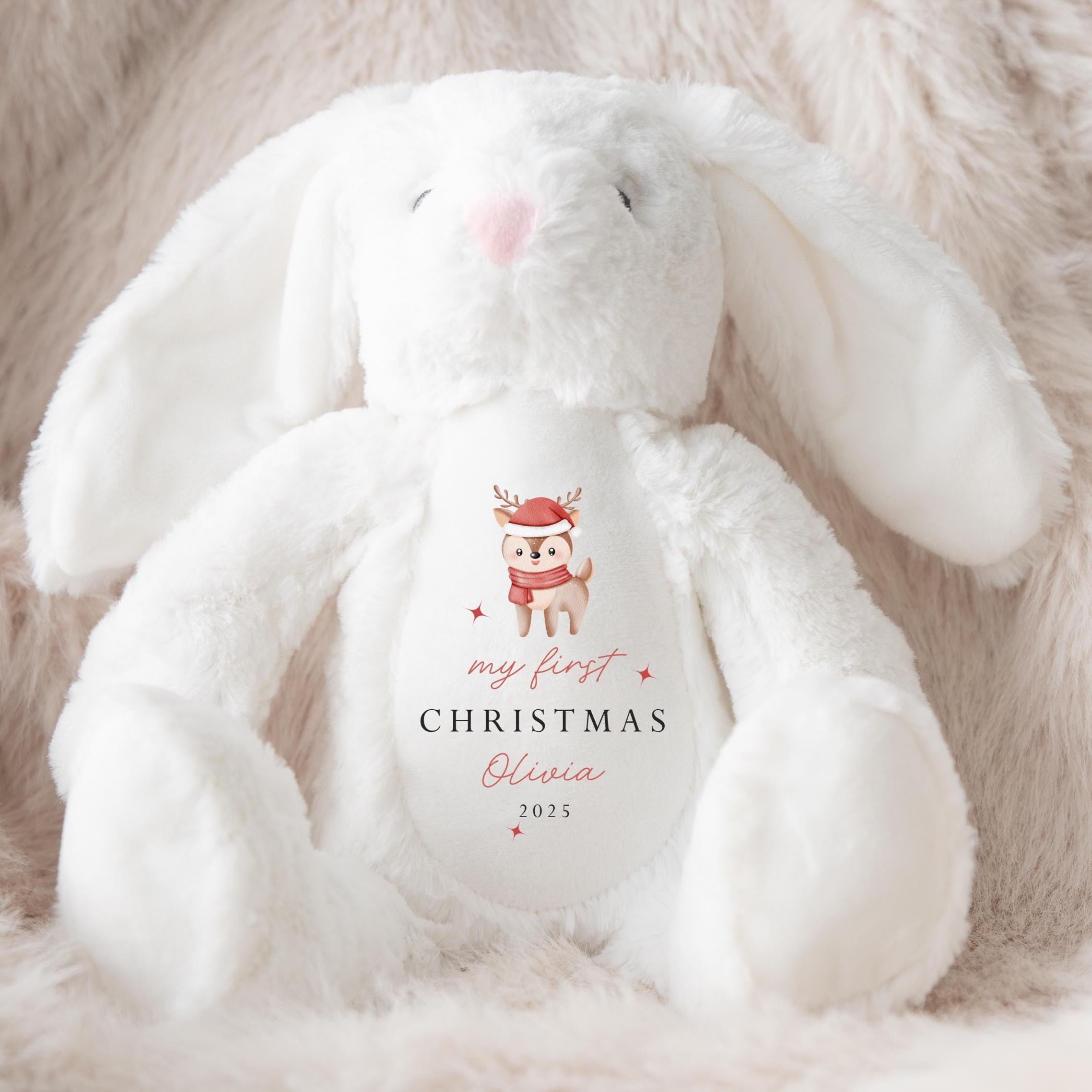 Personalised First Christmas Bunny, Baby 1st Christmas Gift, Rabbit Soft Toy, Christmas Soft Toy, Custom Cuddly Toy, Baby Stocking Fillers