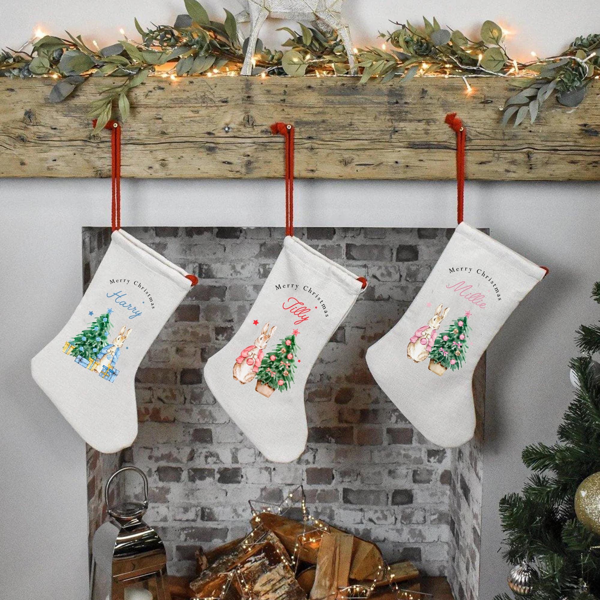 Personalised Christmas Peter Rabbit Stocking, Rabbit Christmas Stocking, Personalised Peter Rabbit Linen Stockings, Christmas Decoration