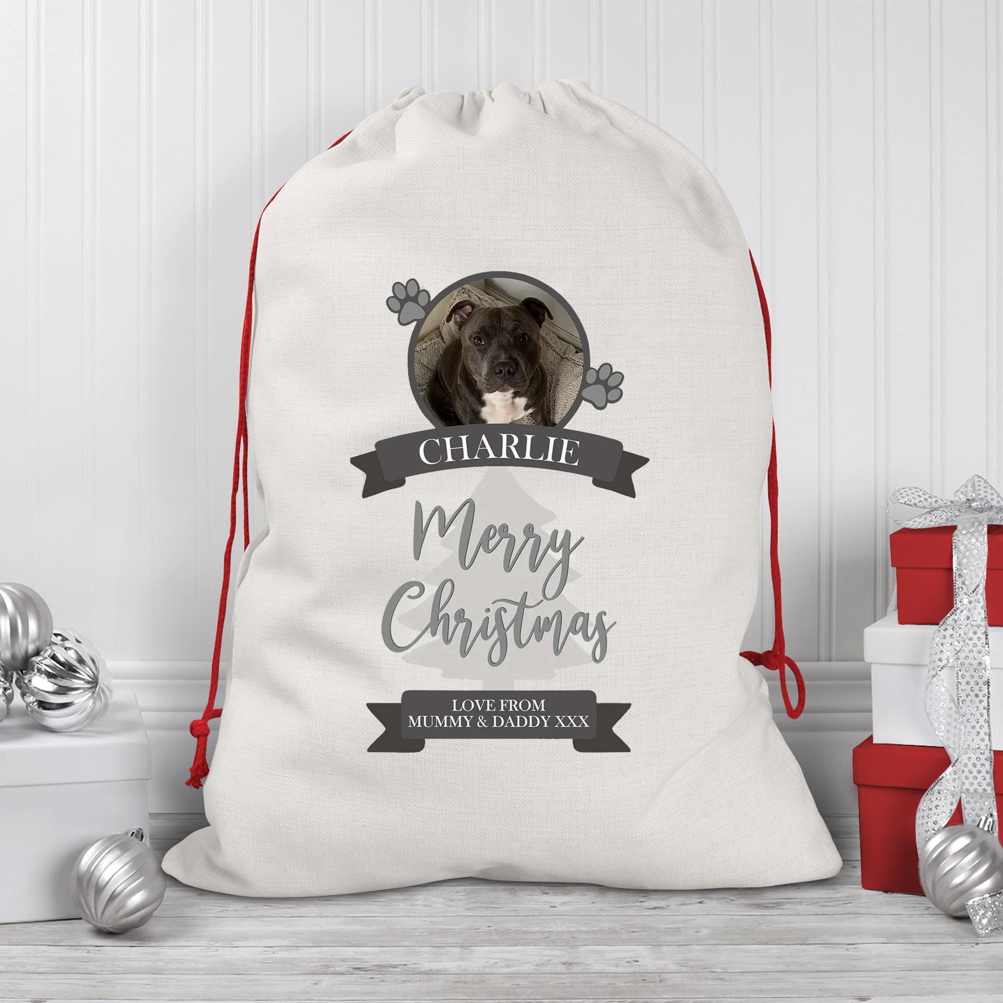Personalised Pet Santa Sack, Dog Santa Sack, Cat Christmas Sack, Animal Christmas Eve Present Sack, Personalised Sack Bag, Your Pet Photo