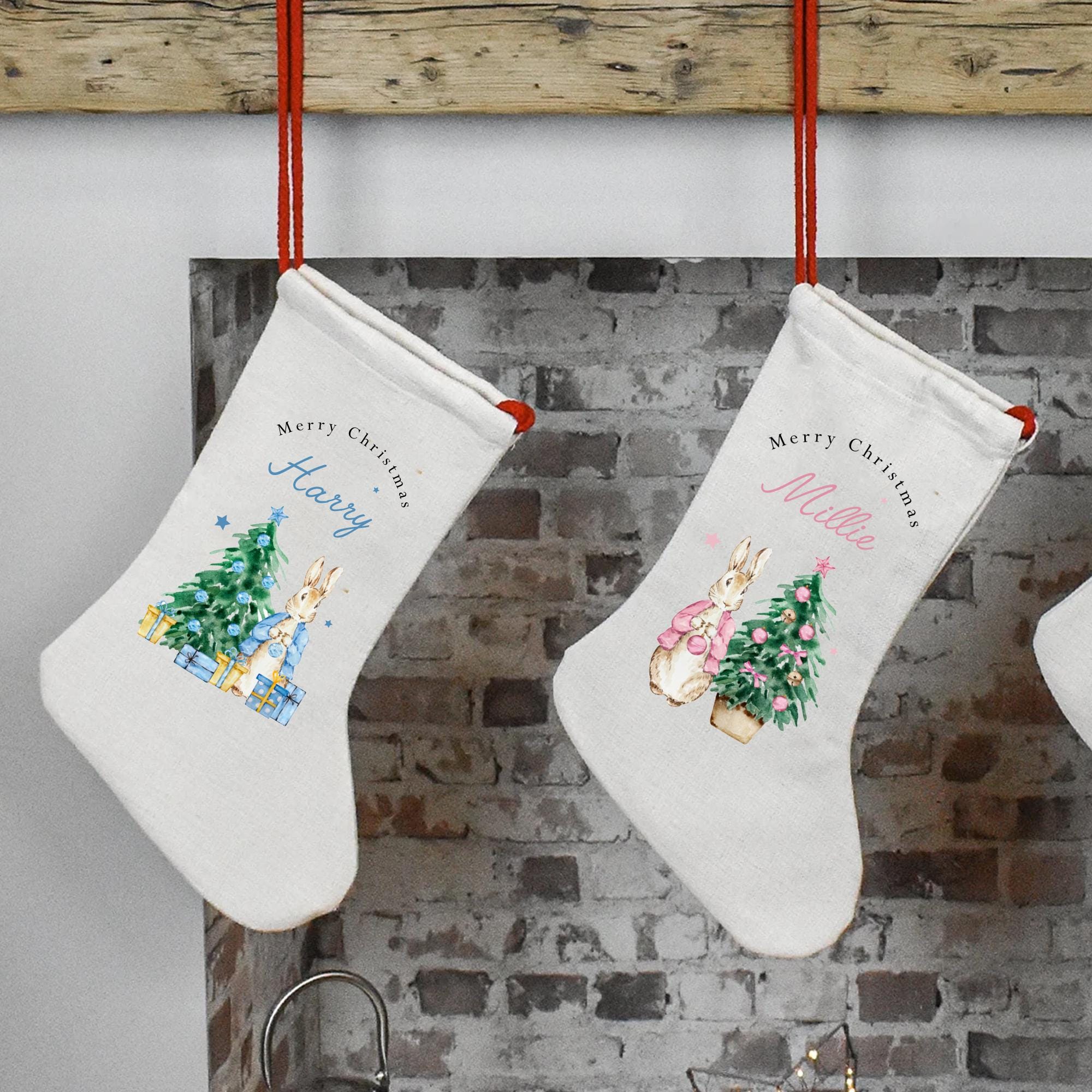 Personalised Christmas Peter Rabbit Stocking, Rabbit Christmas Stocking, Personalised Peter Rabbit Linen Stockings, Christmas Decoration