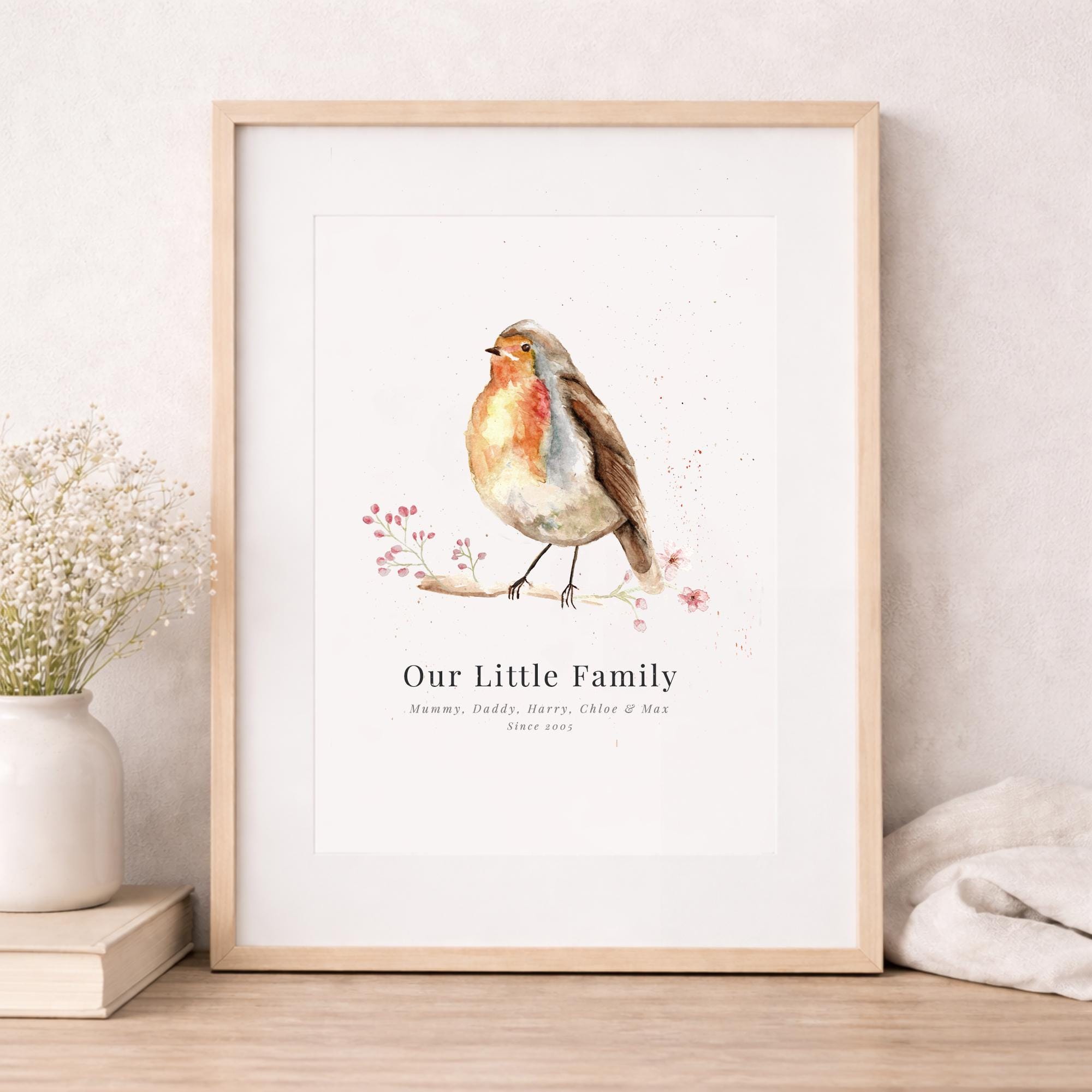 Personalised Robin Family Print, Robin Watercolour Wall Art, Family Name Print, Custom Family Gift, Country Cottage Decor, Framed Robin