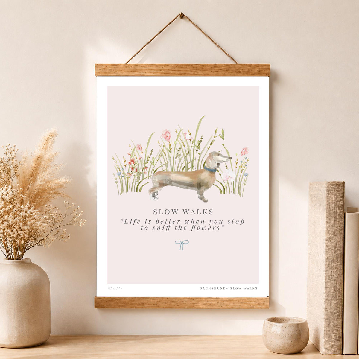 Dachshund Wall Art Print, Sausage Dog Art, Dog Lover Gift, Whimsical Country Print, Pink Floral Dachshund Poster, Cottage Wall Decor