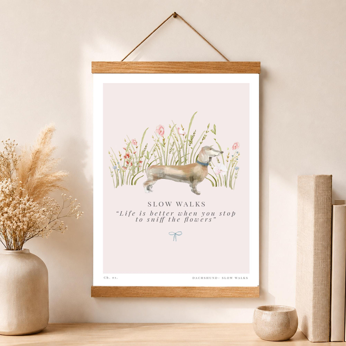 Dachshund Wall Art Print, Sausage Dog Art, Dog Lover Gift, Whimsical Country Print, Pink Floral Dachshund Poster, Cottage Wall Decor