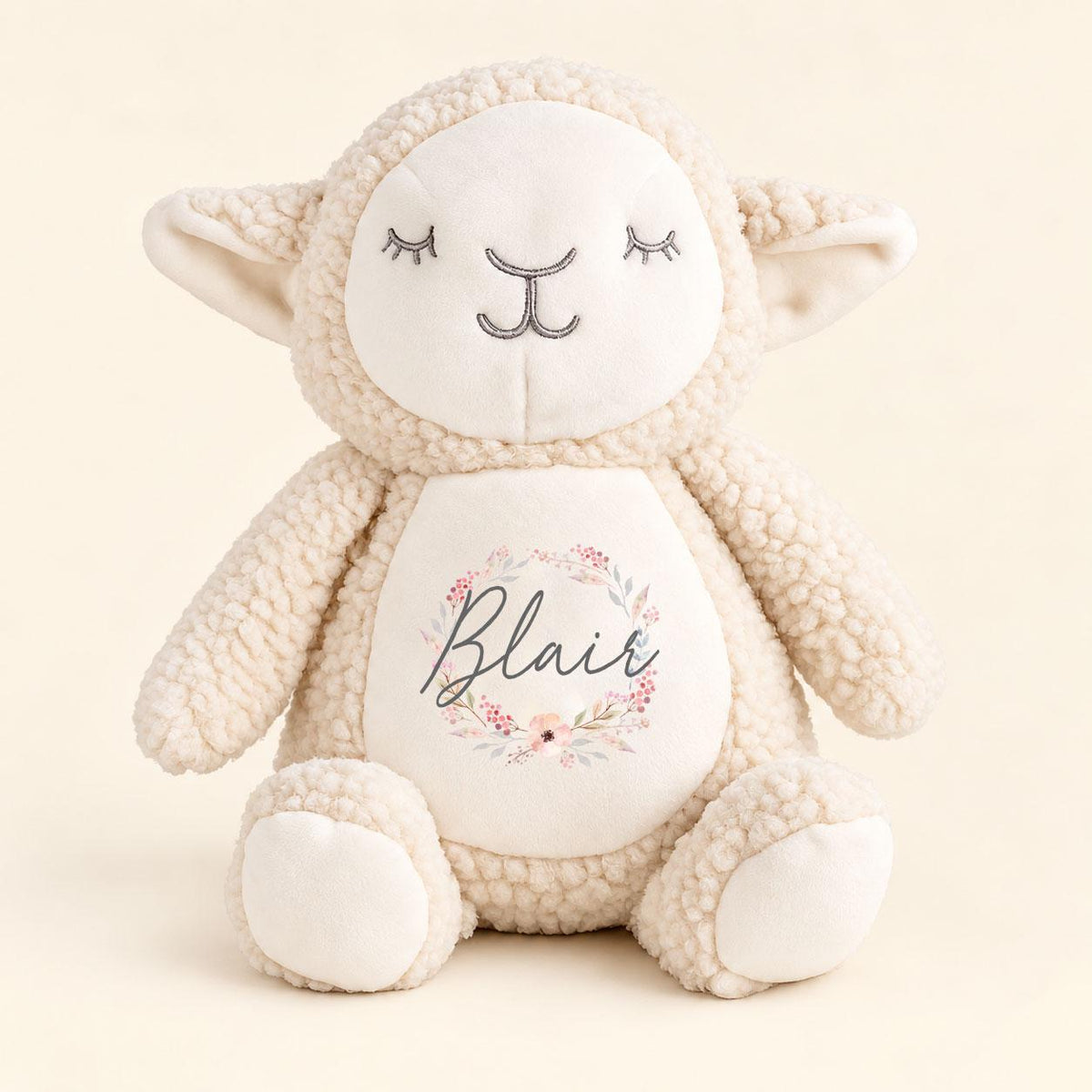 Personalised Lamb Teddy, Baby Name Soft Toy, New Baby Gift, Christening Gift, Baby Girl Boy Keepsake, Pink Blue Grey Wreath