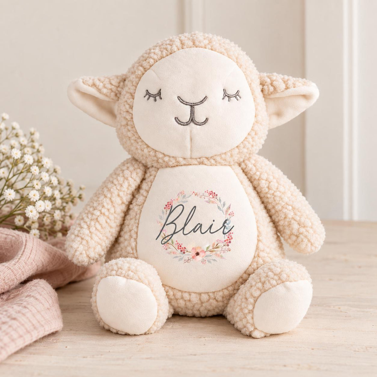 Personalised Lamb Teddy, Baby Name Soft Toy, New Baby Gift, Christening Gift, Baby Girl Boy Keepsake, Pink Blue Grey Wreath