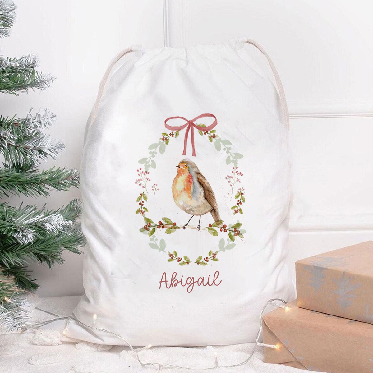 Personalised Christmas Sack with Name, Robin Santa Sack, Christmas Eve Gift Sack, Linen or White Kids Christmas Sack, Personalised Xmas Gift