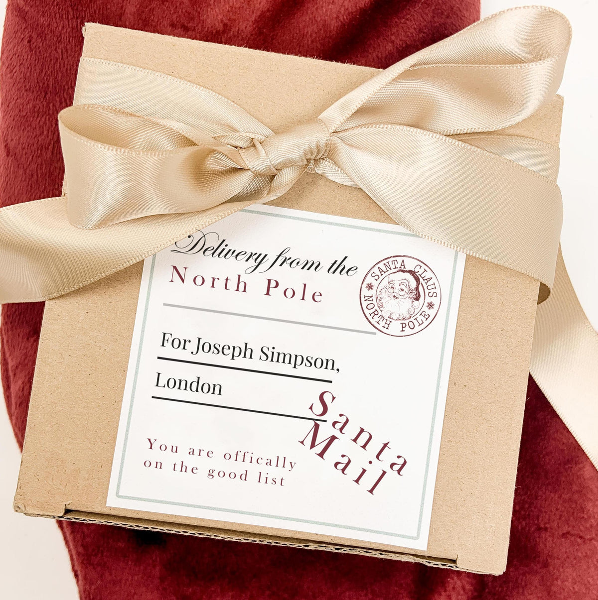 Personalised Santa Mail Stickers, Pack of 6 Christmas Parcel Labels, North Pole Gift Stickers, Custom Name and Address