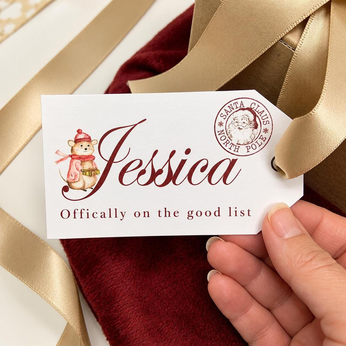 Personalized Tag, Watercolor Mouse Child Name Label with Gold Ribbon, Set of 3 Santa Tags