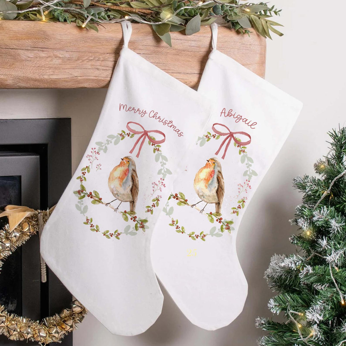 Personalised Christmas Stocking with Name, Robin Christmas Stocking, Linen or White Stocking, Personalised Family Christmas Gift, Stocking
