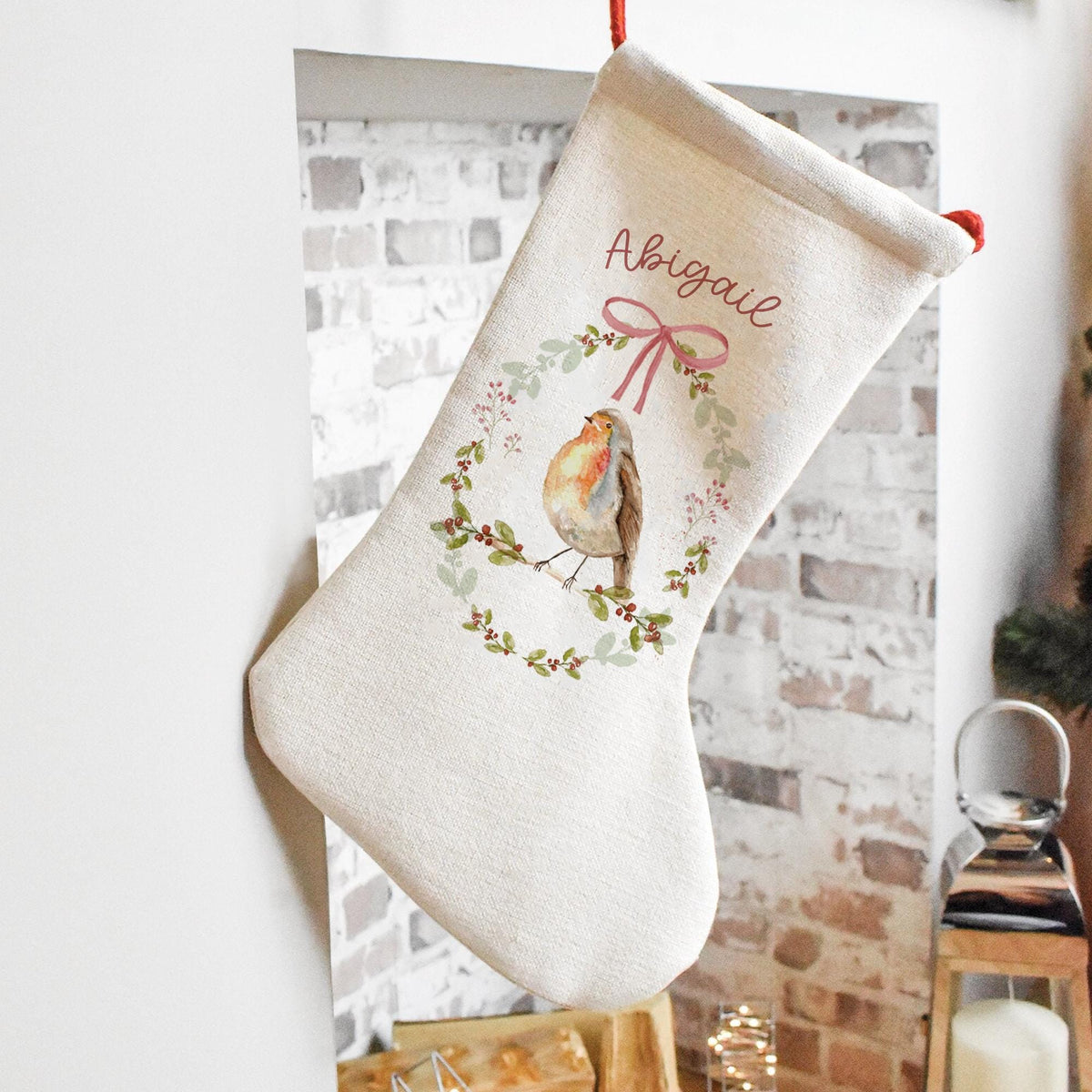 Personalised Christmas Stocking with Name, Robin Christmas Stocking, Linen or White Stocking, Personalised Family Christmas Gift, Stocking