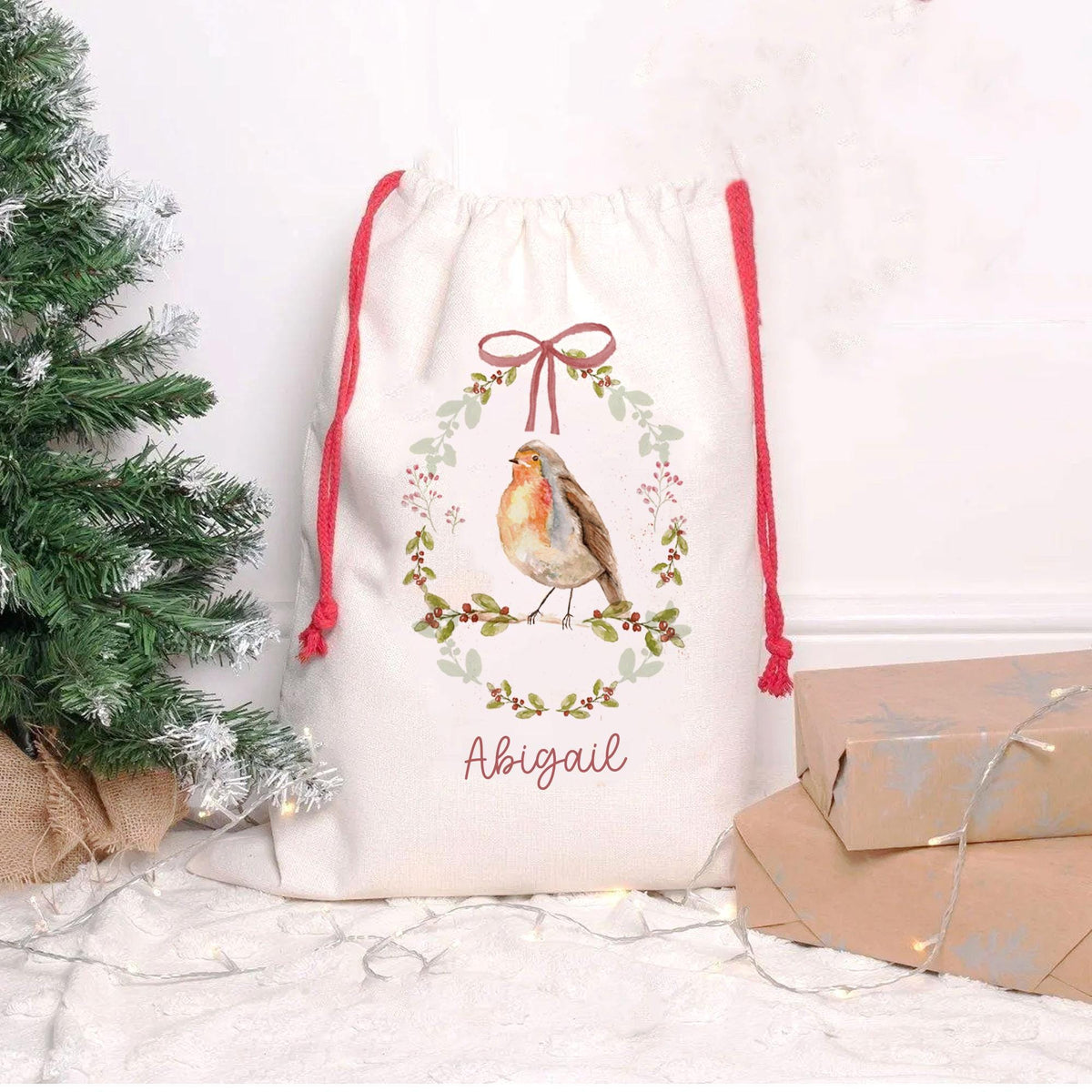 Personalised Christmas Sack with Name, Robin Santa Sack, Christmas Eve Gift Sack, Linen or White Kids Christmas Sack, Personalised Xmas Gift