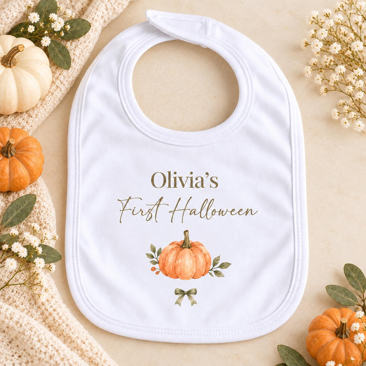 First Halloween Bib, White Polyester Cotton Baby Bib with Pumpkin Print and Name