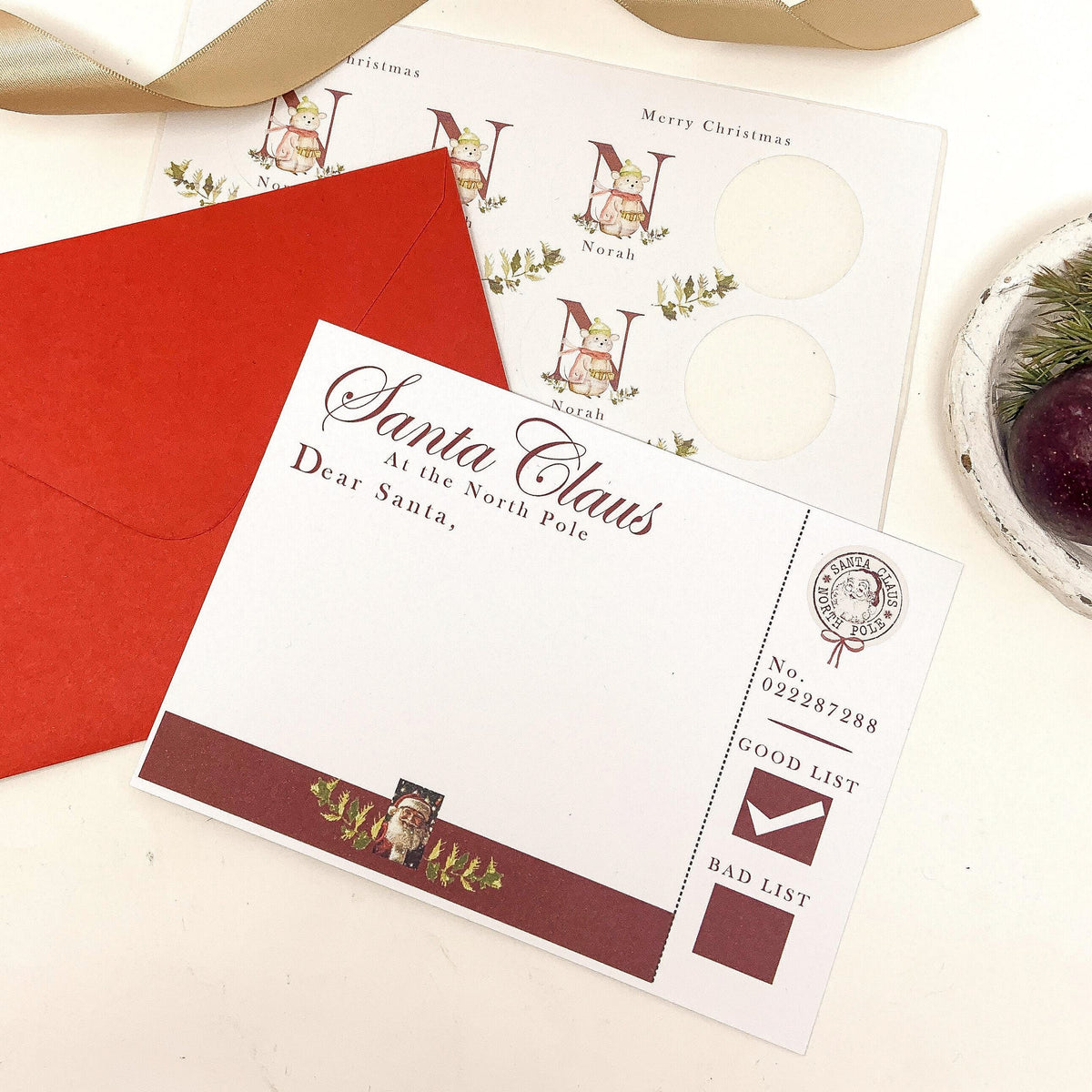 Personalised Letter to Santa Set, Christmas Wish List, Envelope, Name Stickers & Santa Postcard