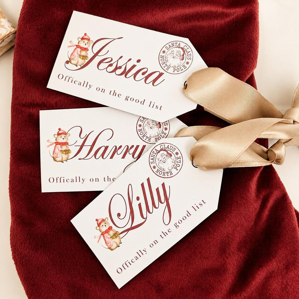 Personalized Tag, Watercolor Mouse Child Name Label with Gold Ribbon, Set of 3 Santa Tags
