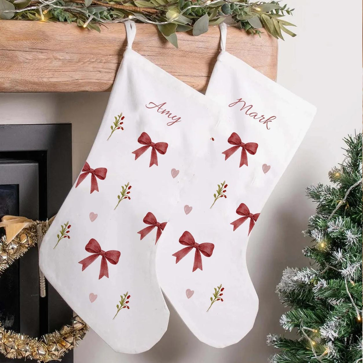 Personalised Christmas Stocking, Red Bow Xmas Stocking, Girls Christmas Stocking, Traditional Festive Stocking, Custom Name Gift