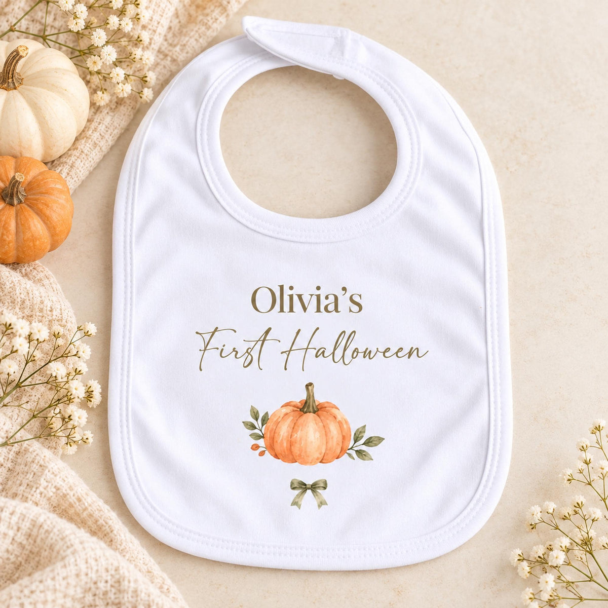 First Halloween Bib, White Polyester Cotton Baby Bib with Pumpkin Print and Name