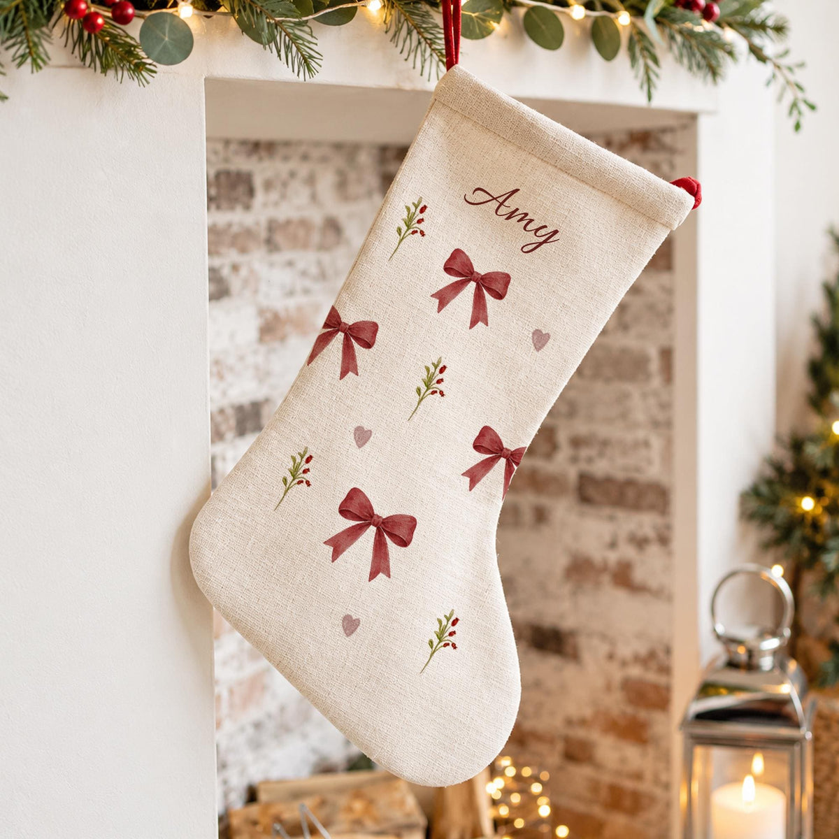 Personalised Christmas Stocking, Red Bow Xmas Stocking, Girls Christmas Stocking, Traditional Festive Stocking, Custom Name Gift