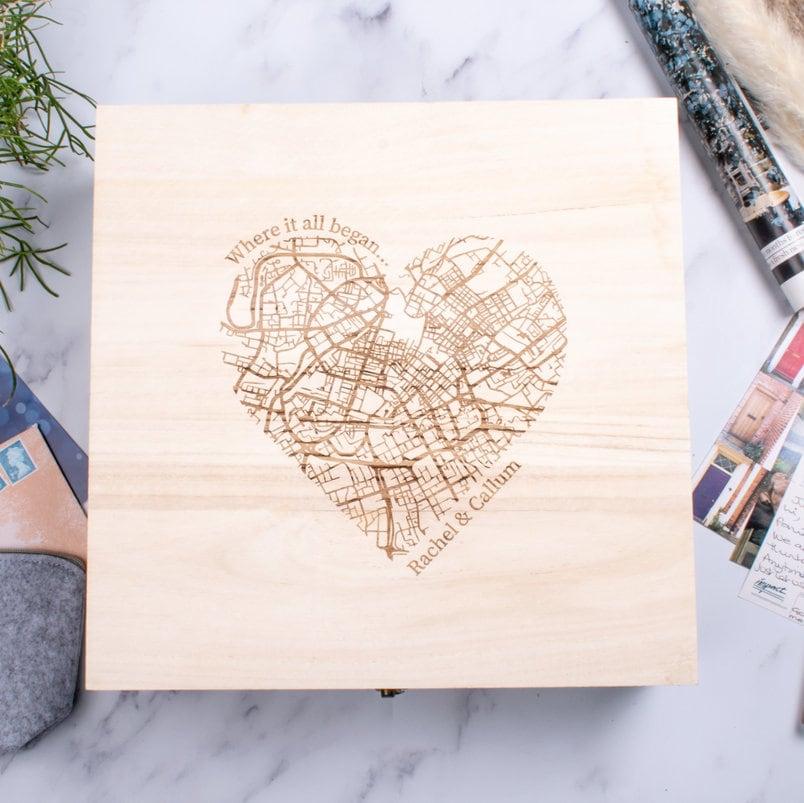 Keepsake Box | Wooden Engraved | Couples Location Map - Amy Lucy