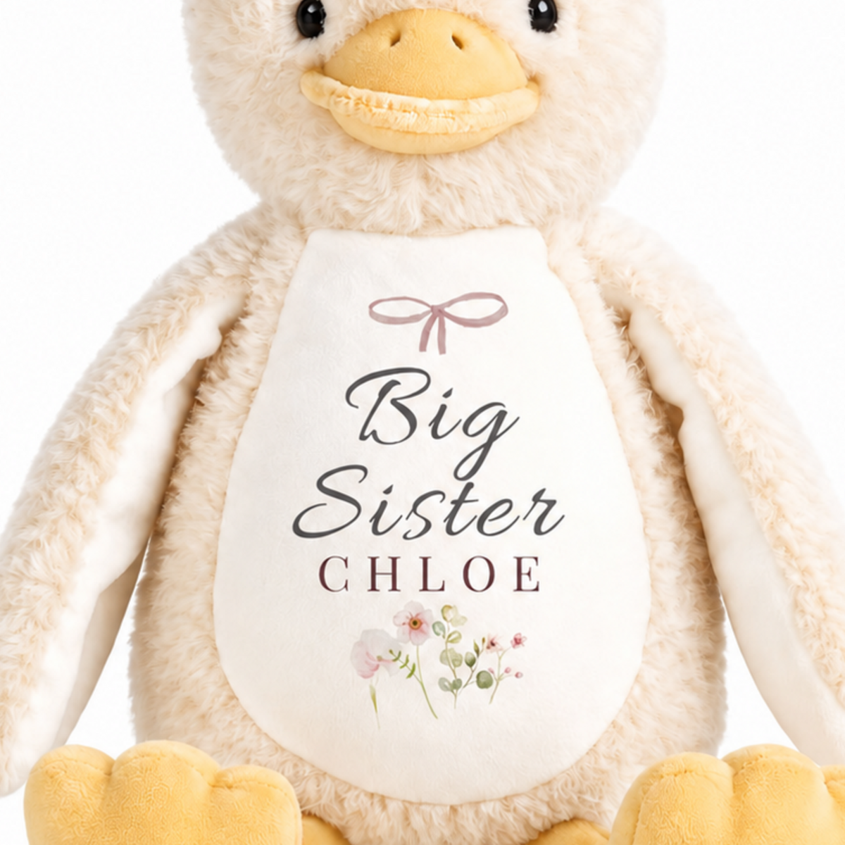 Close-up of Big Sister Chloe personalisation printed on the duck's white chest