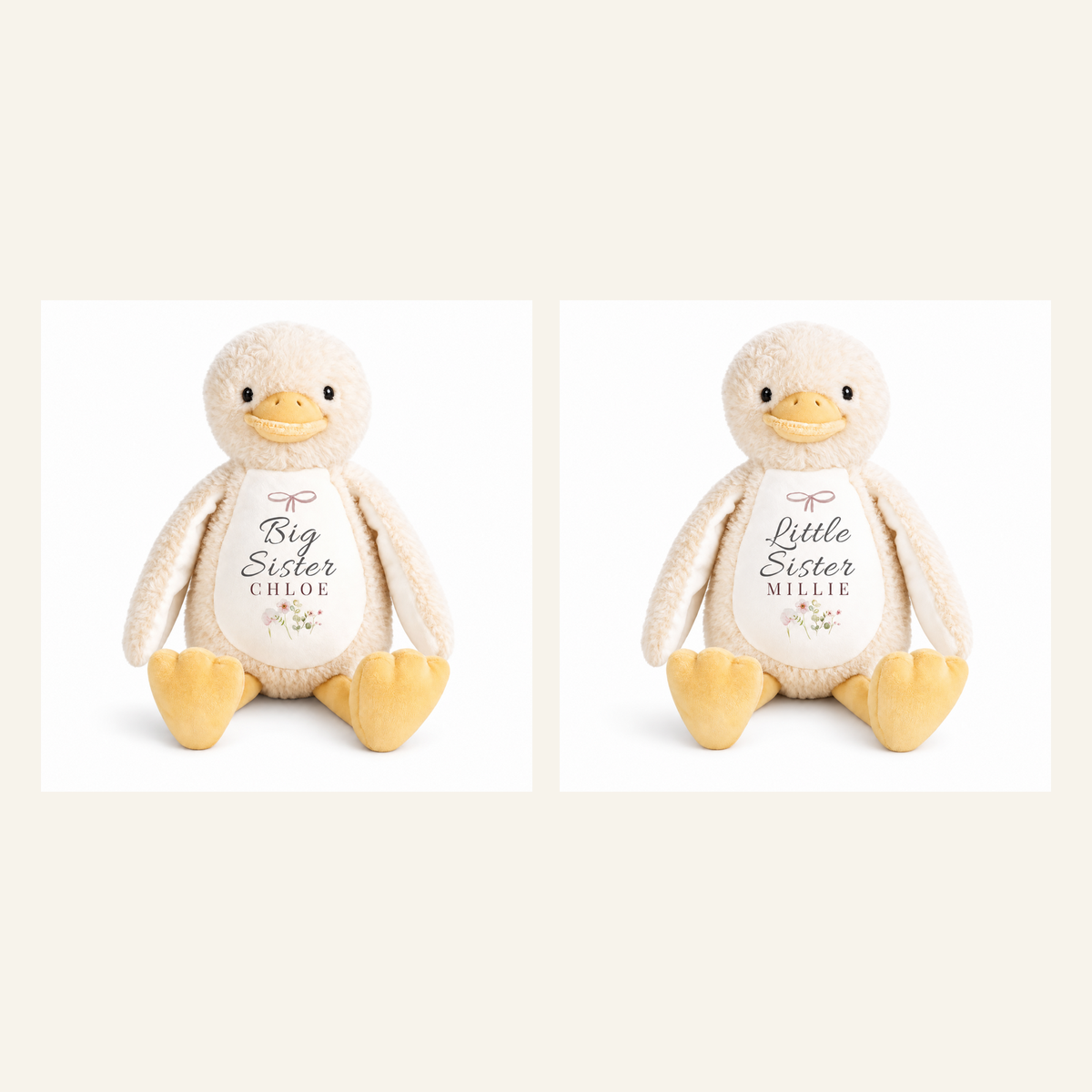Big Sister Chloe and Little Sister Millie duck plush personalisation examples