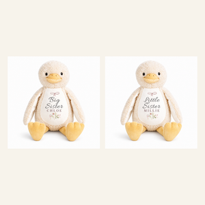Big Sister Chloe and Little Sister Millie duck plush personalisation examples