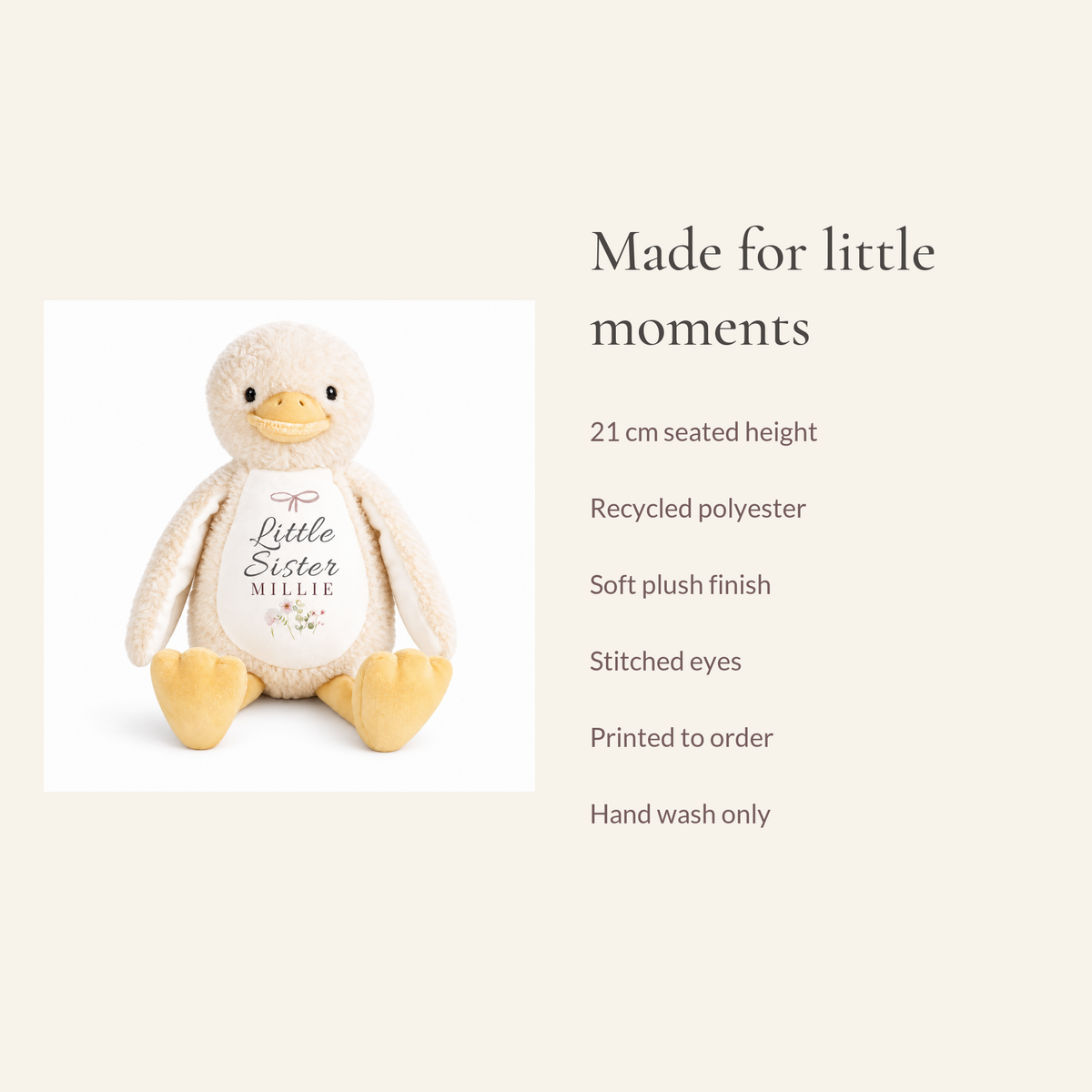 Duck plush product details showing 21 centimetre seated height and white chest print area