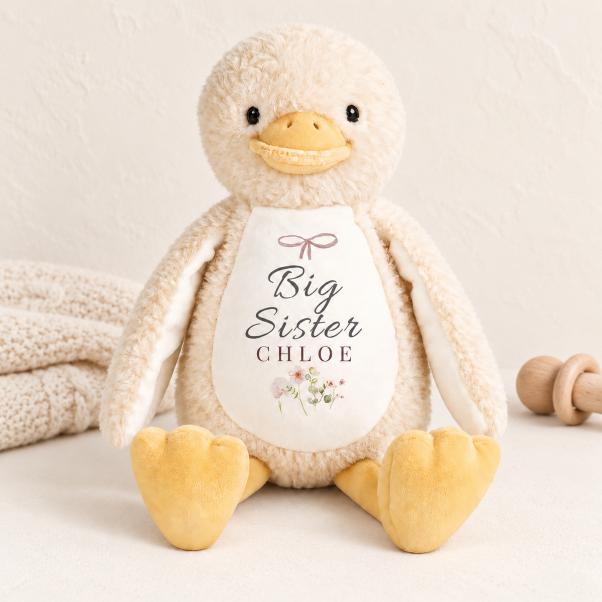 Big Sister personalised duck plush styled in a soft Little Lucy nursery setting