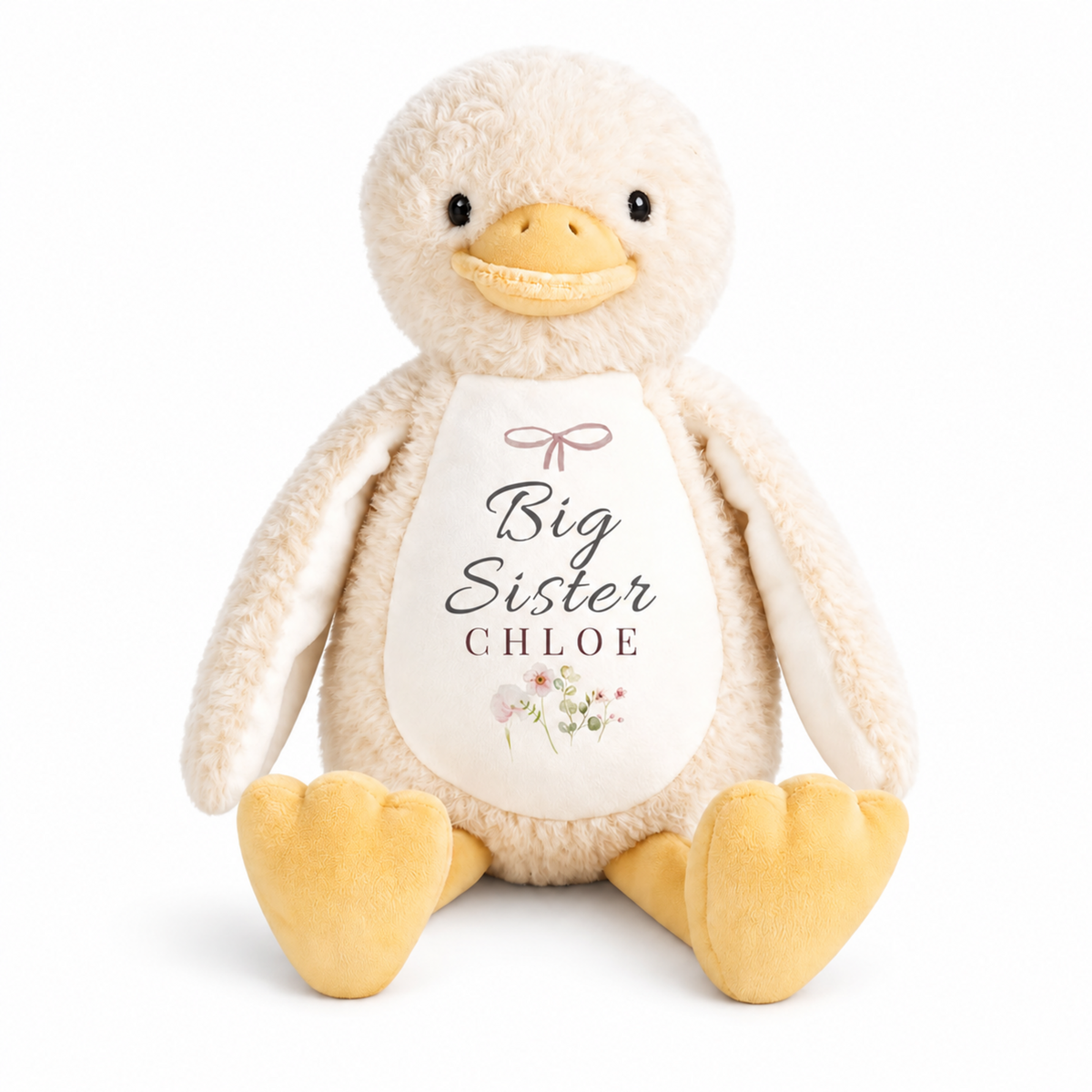 Personalised yellow duck plush with Big Sister and Chloe printed on the white chest