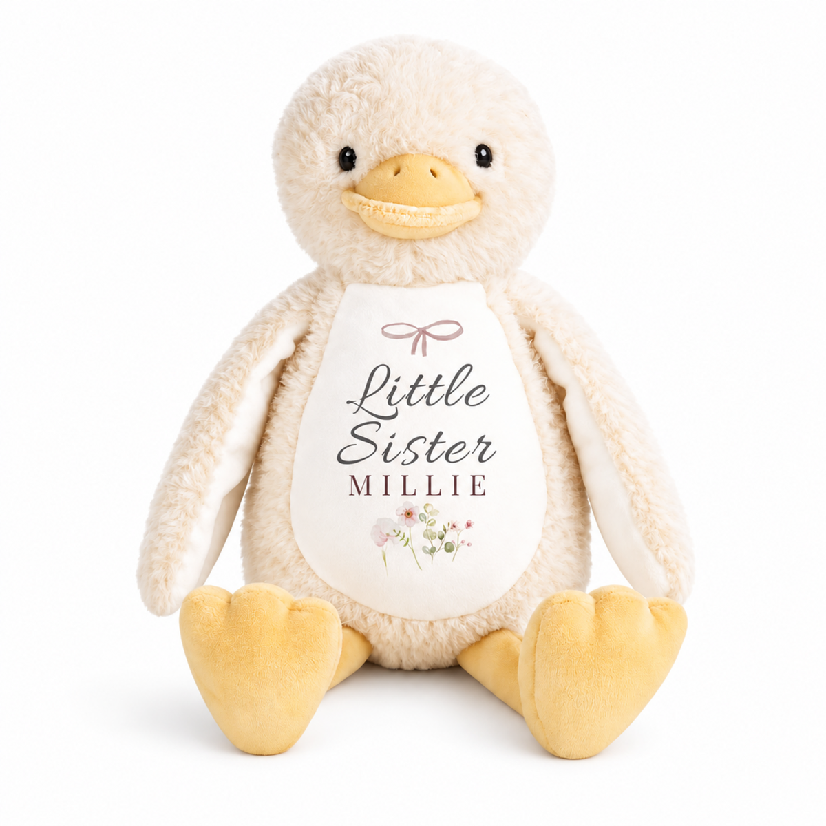 Personalised yellow duck plush with Little Sister and Millie printed on the white chest