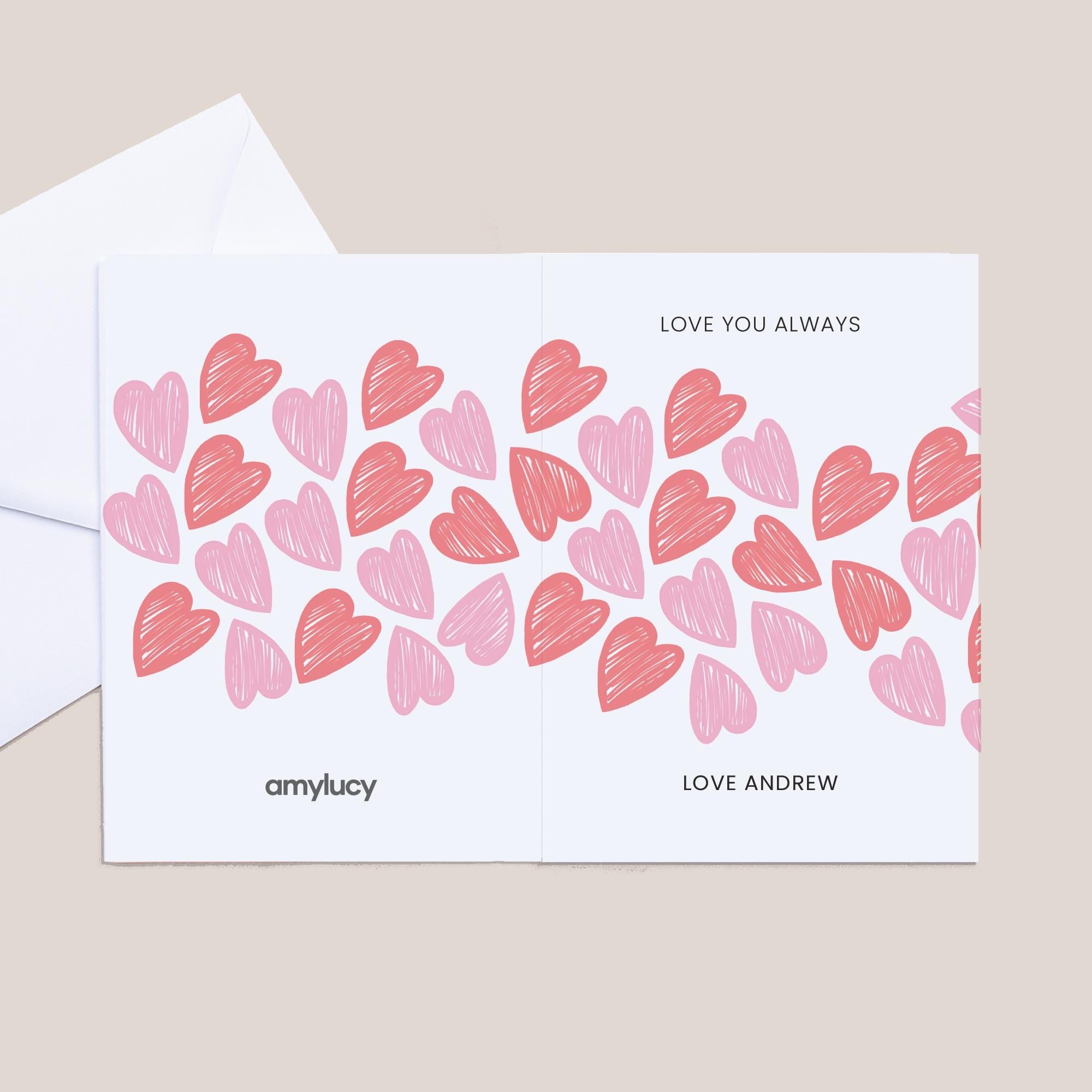 Greeting card with pink and red heart pattern and 'Love You Always' text on a beige background