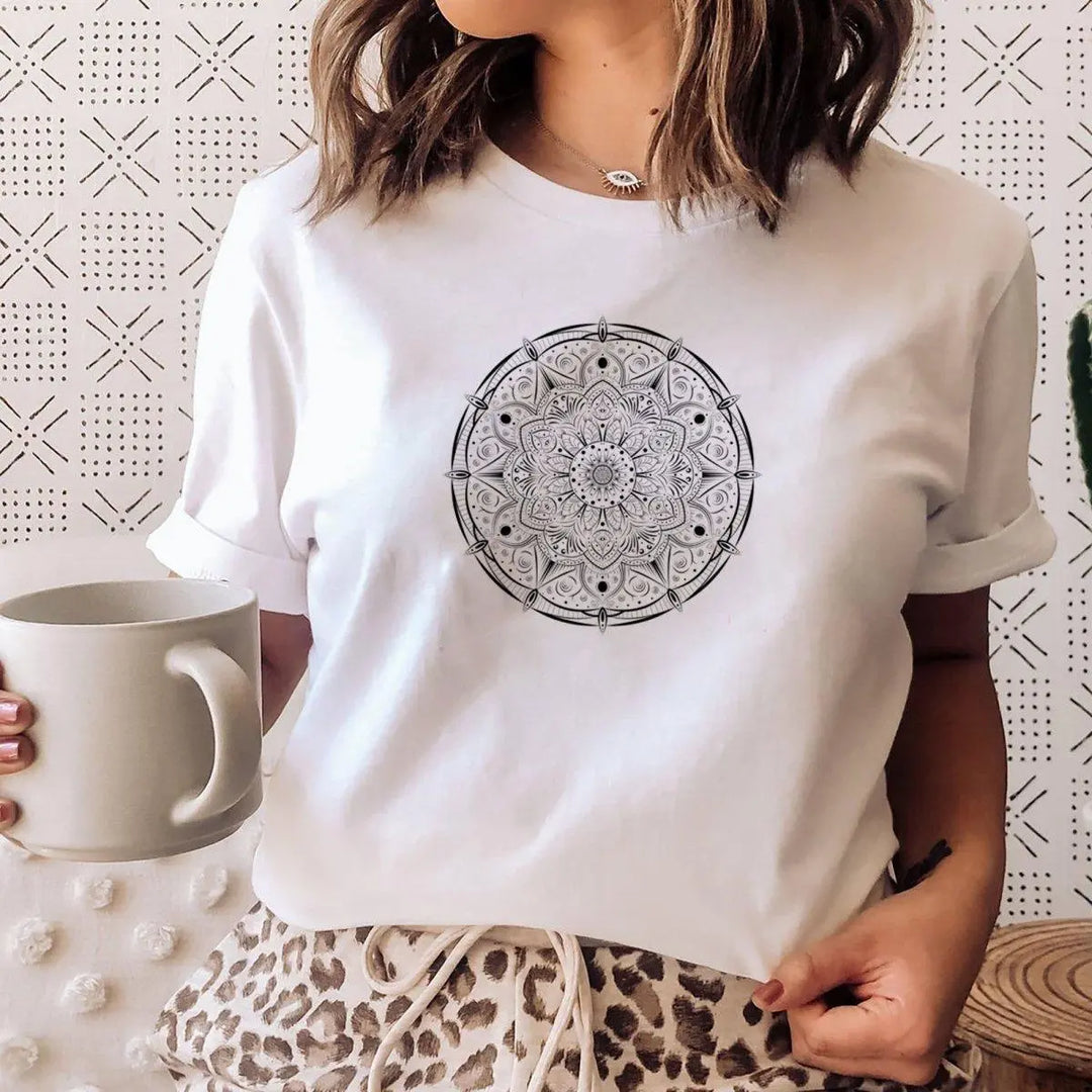 Mandala Flower T-shirt, Mandala Shirt, Womens Boho Tee, Bohemian Casual T Shirt Women, Mandala Gift for Her, Lounge Wear Tshirt, Hippie Top - Amy Lucy