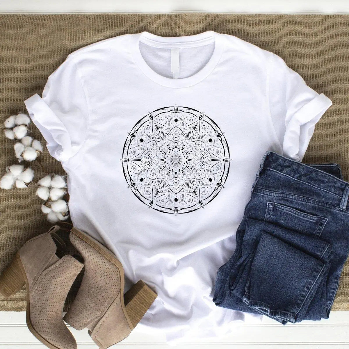 Mandala Flower T-shirt, Mandala Shirt, Womens Boho Tee, Bohemian Casual T Shirt Women, Mandala Gift for Her, Lounge Wear Tshirt, Hippie Top - Amy Lucy