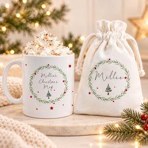 Personalised Christmas tree hot chocolate gift set with Millie's mug and matching name-printed cotton bag