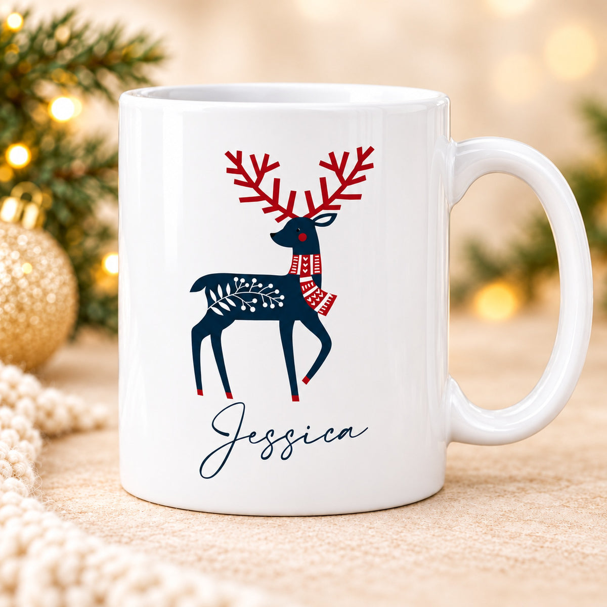 Front view of personalised reindeer Christmas mug with Jessica name, Merry Lucy festive styling